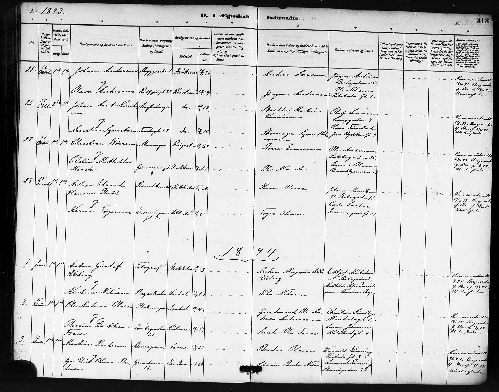 Oslo domkirke Kirkebøker, SAO/A-10752/F/Fa/L0032: Parish register (official) no. 32, 1885-1902, p. 313
