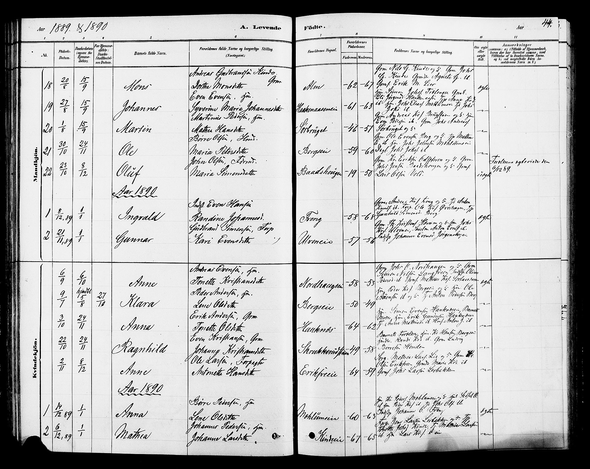 Ringsaker prestekontor, AV/SAH-PREST-014/L/La/L0010: Parish register (copy) no. 10, 1879-1890, p. 44