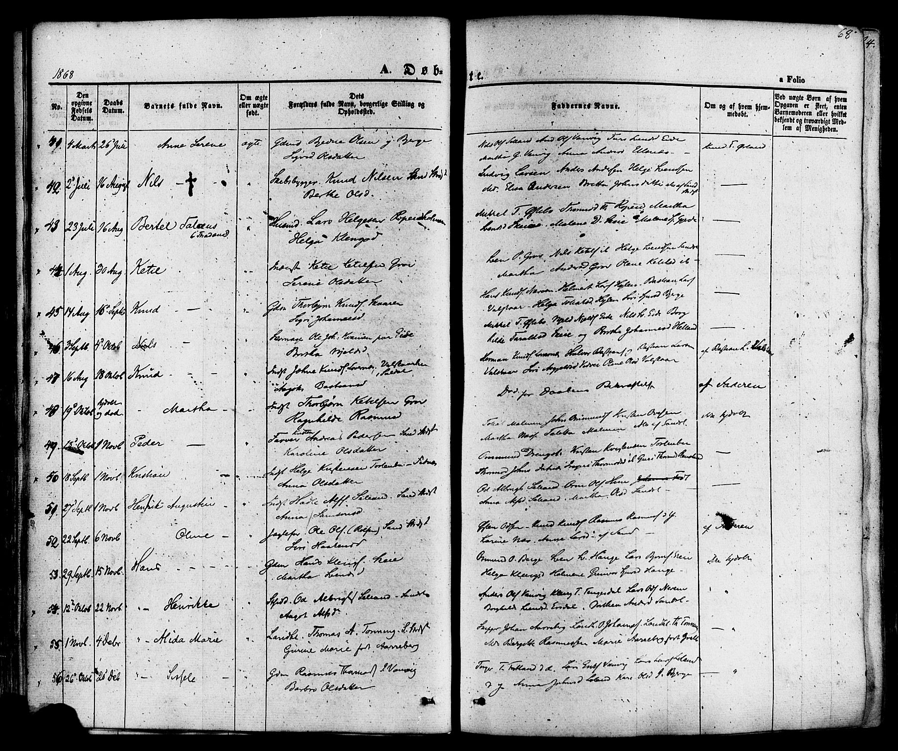 Sand sokneprestkontor, AV/SAST-A-101848/01/III/L0003: Parish register (official) no. A 3, 1854-1879, p. 68