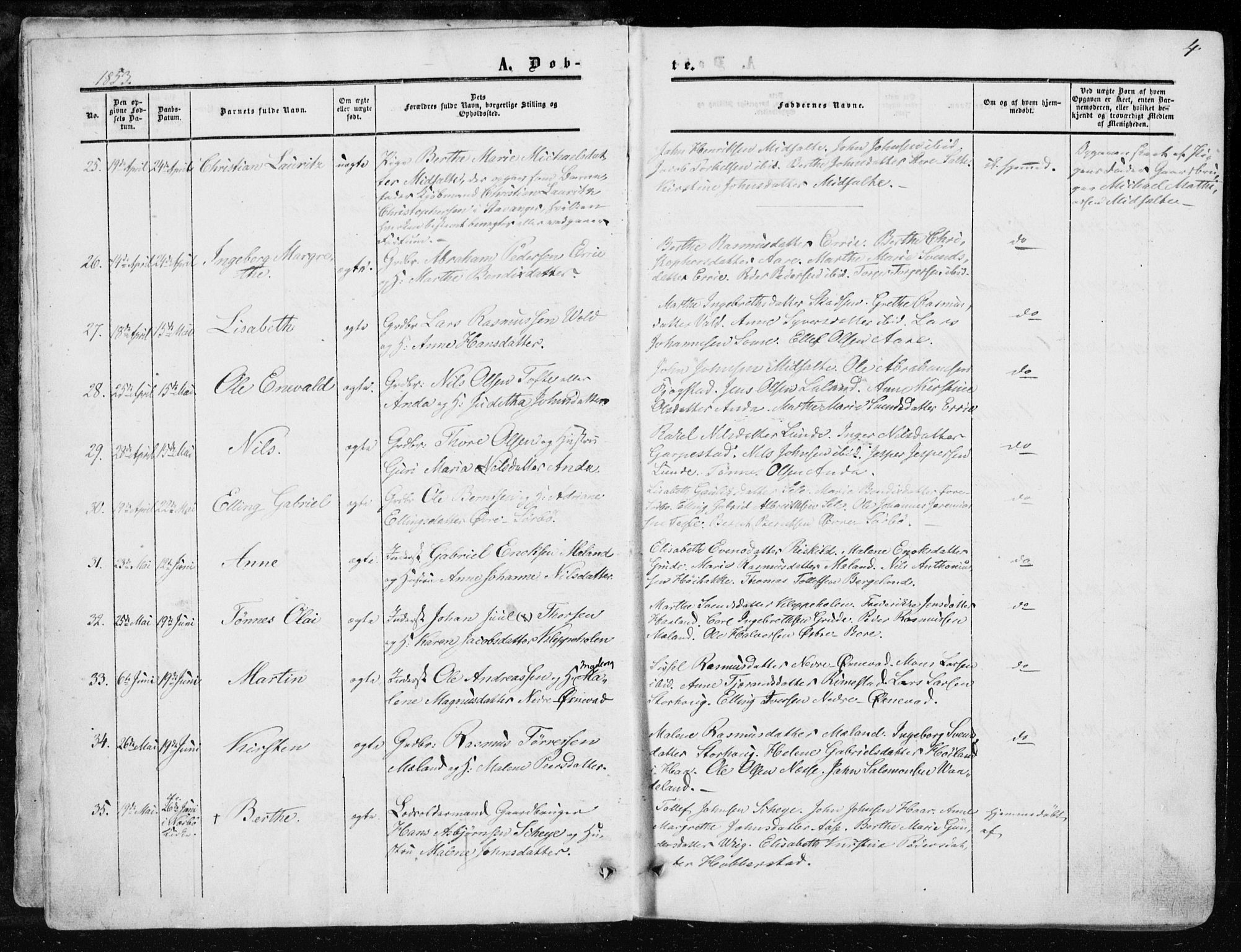 Klepp sokneprestkontor, AV/SAST-A-101803/001/3/30BA/L0005: Parish register (official) no. A 5, 1853-1870, p. 4