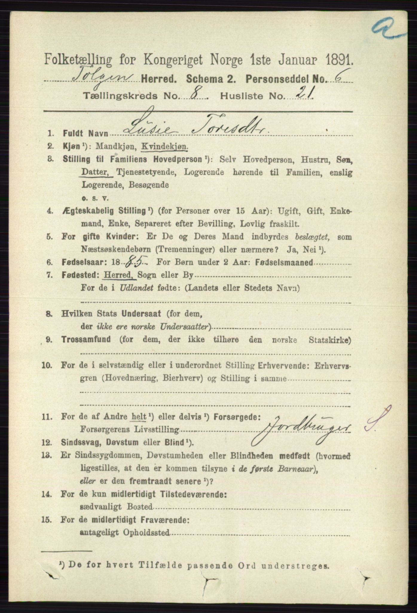 RA, 1891 census for 0436 Tolga, 1891, p. 2491