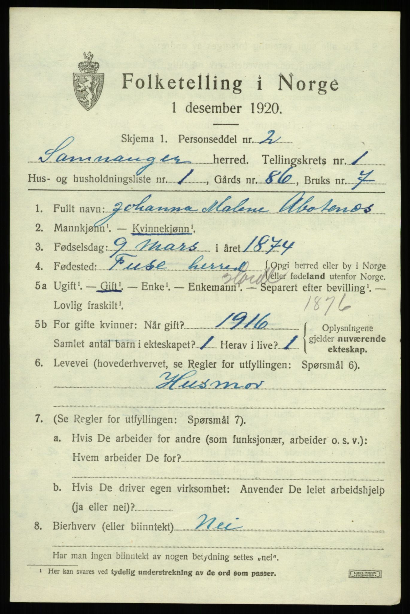 SAB, 1920 census for Samnanger, 1920, p. 855