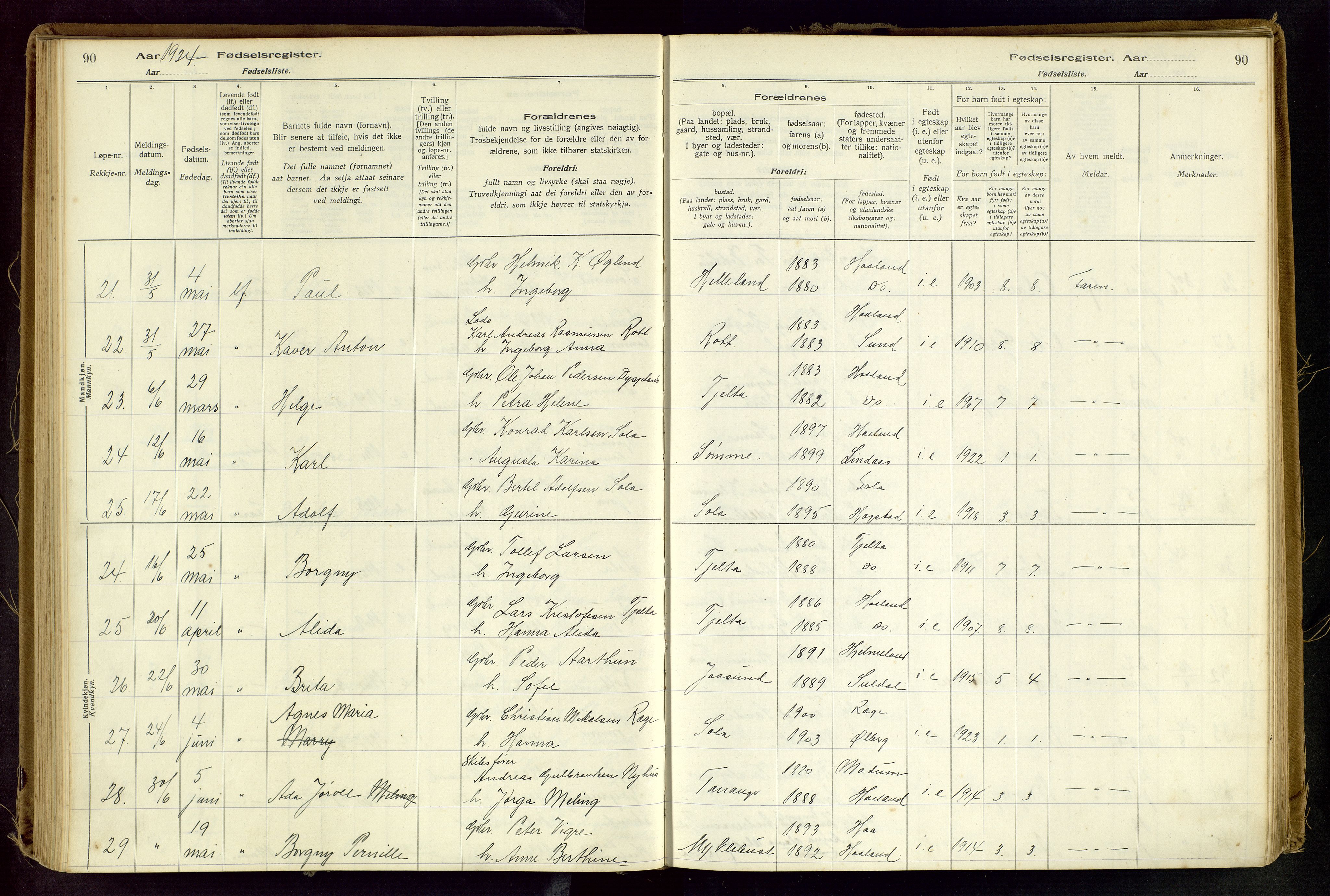 Håland sokneprestkontor, AV/SAST-A-101802/001/704BA/L0001: Birth register no. 1, 1916-1936, p. 90