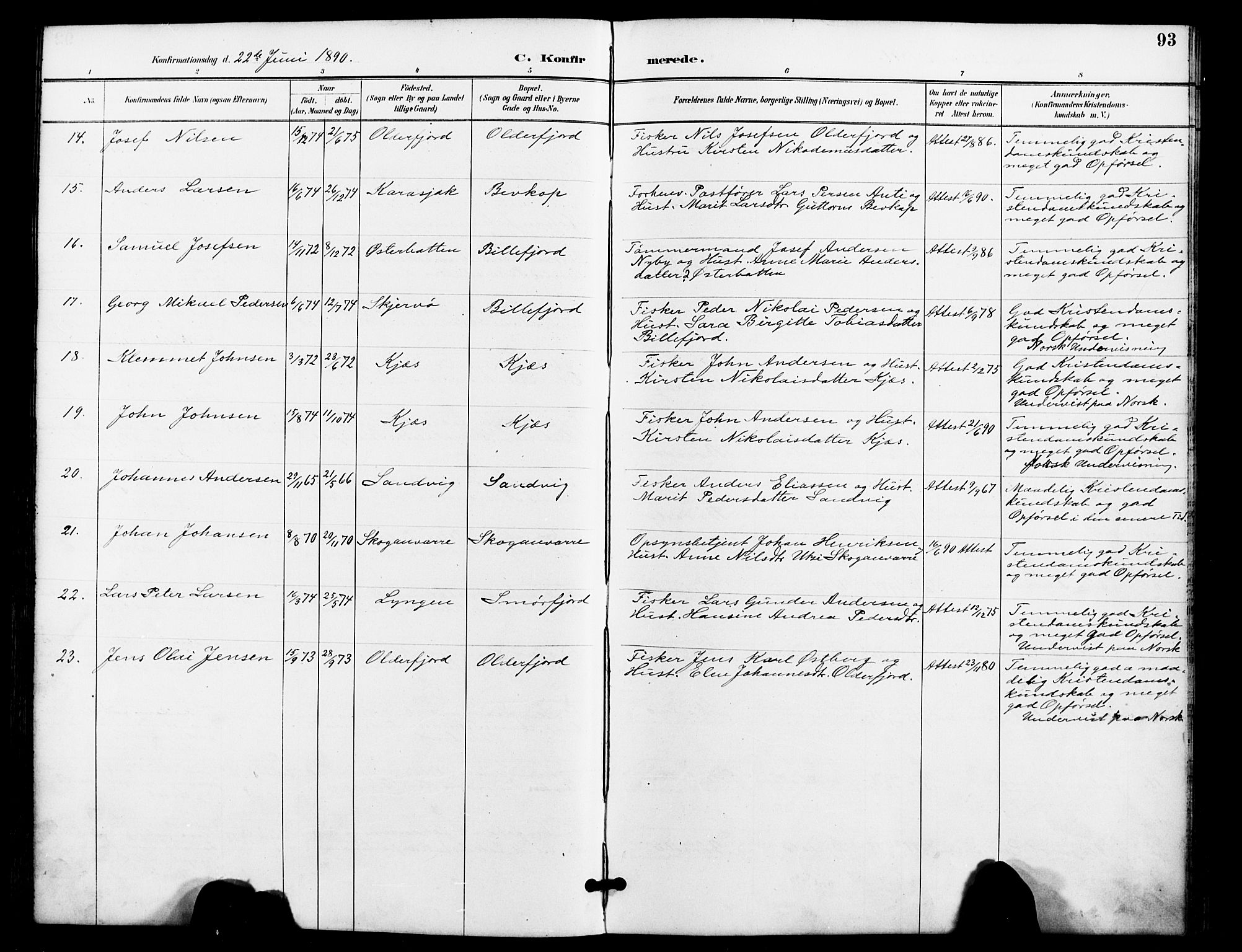 Kistrand/Porsanger sokneprestembete, SATØ/S-1351/H/Ha/L0008.kirke: Parish register (official) no. 8, 1890-1898, p. 93