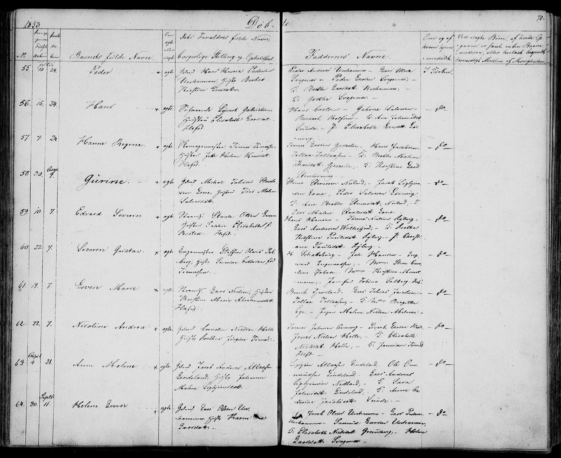 Flekkefjord sokneprestkontor, AV/SAK-1111-0012/F/Fb/Fbc/L0005: Parish register (copy) no. B 5, 1846-1866, p. 70
