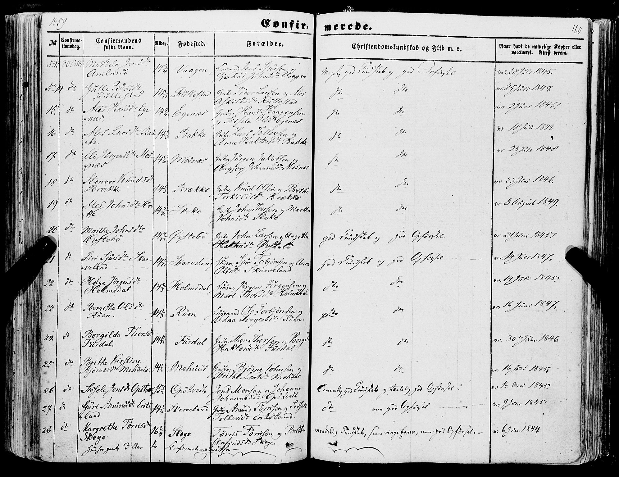 Skånevik sokneprestembete, SAB/A-77801/H/Haa: Parish register (official) no. A 5I, 1848-1869, p. 160