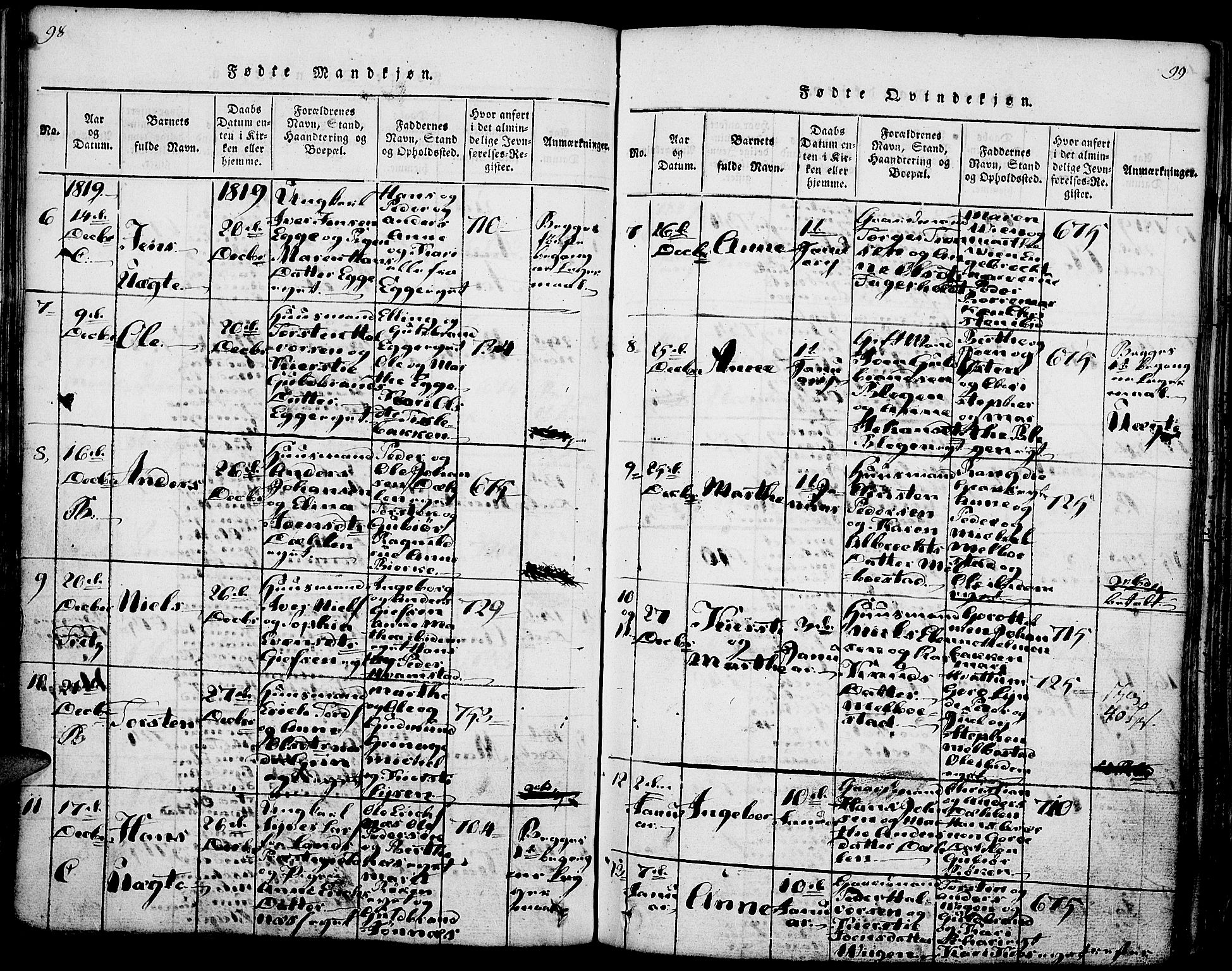 Gran prestekontor, SAH/PREST-112/H/Ha/Haa/L0009: Parish register (official) no. 9, 1815-1824, p. 98-99