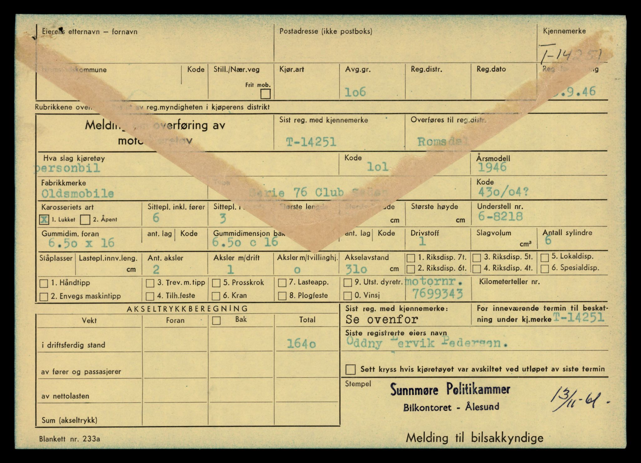 Møre og Romsdal vegkontor - Ålesund trafikkstasjon, AV/SAT-A-4099/F/Fe/L0044: Registreringskort for kjøretøy T 14205 - T 14319, 1927-1998, p. 1336