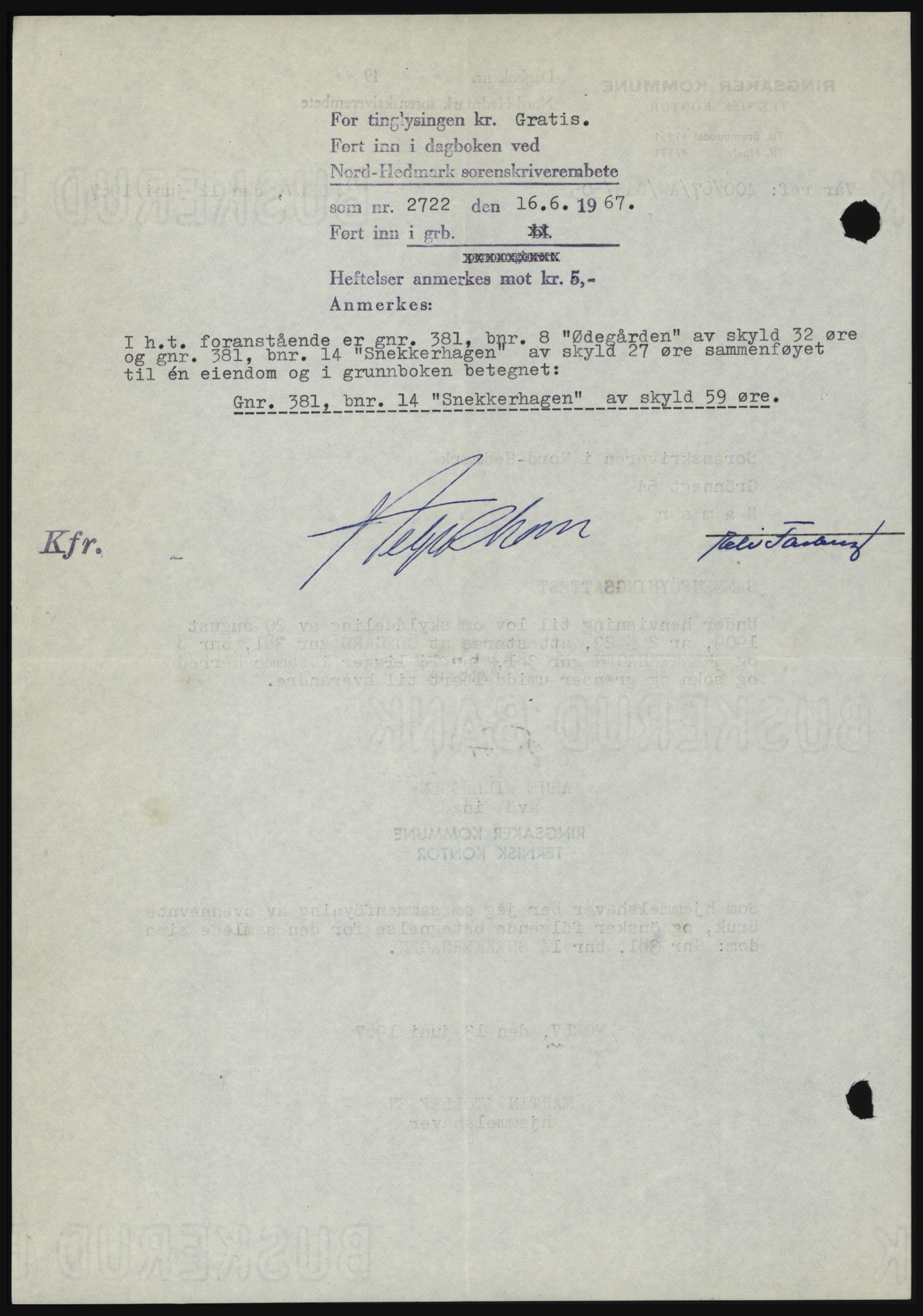 Nord-Hedmark sorenskriveri, SAH/TING-012/H/Hc/L0026: Mortgage book no. 26, 1967-1967, Diary no: : 2722/1967