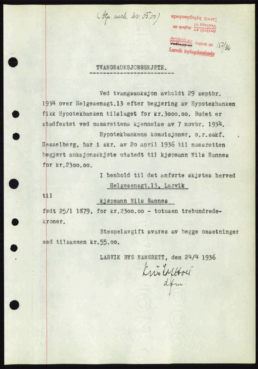 Larvik sorenskriveri, SAKO/A-83/G/Ga/Gab/L0067: Mortgage book no. A-1, 1936-1937, Diary no: : 157/1936