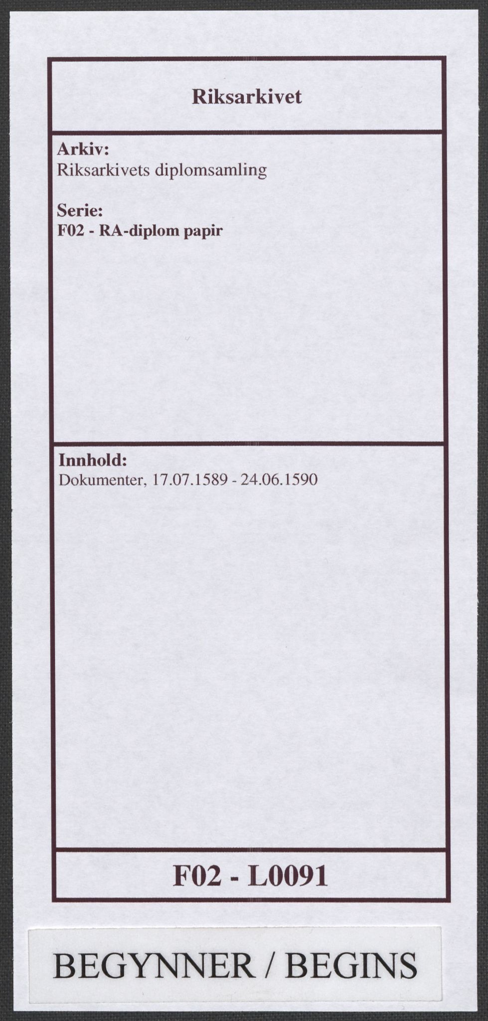 Riksarkivets diplomsamling, RA/EA-5965/F02/L0091: Dokumenter, 1589-1590, p. 1
