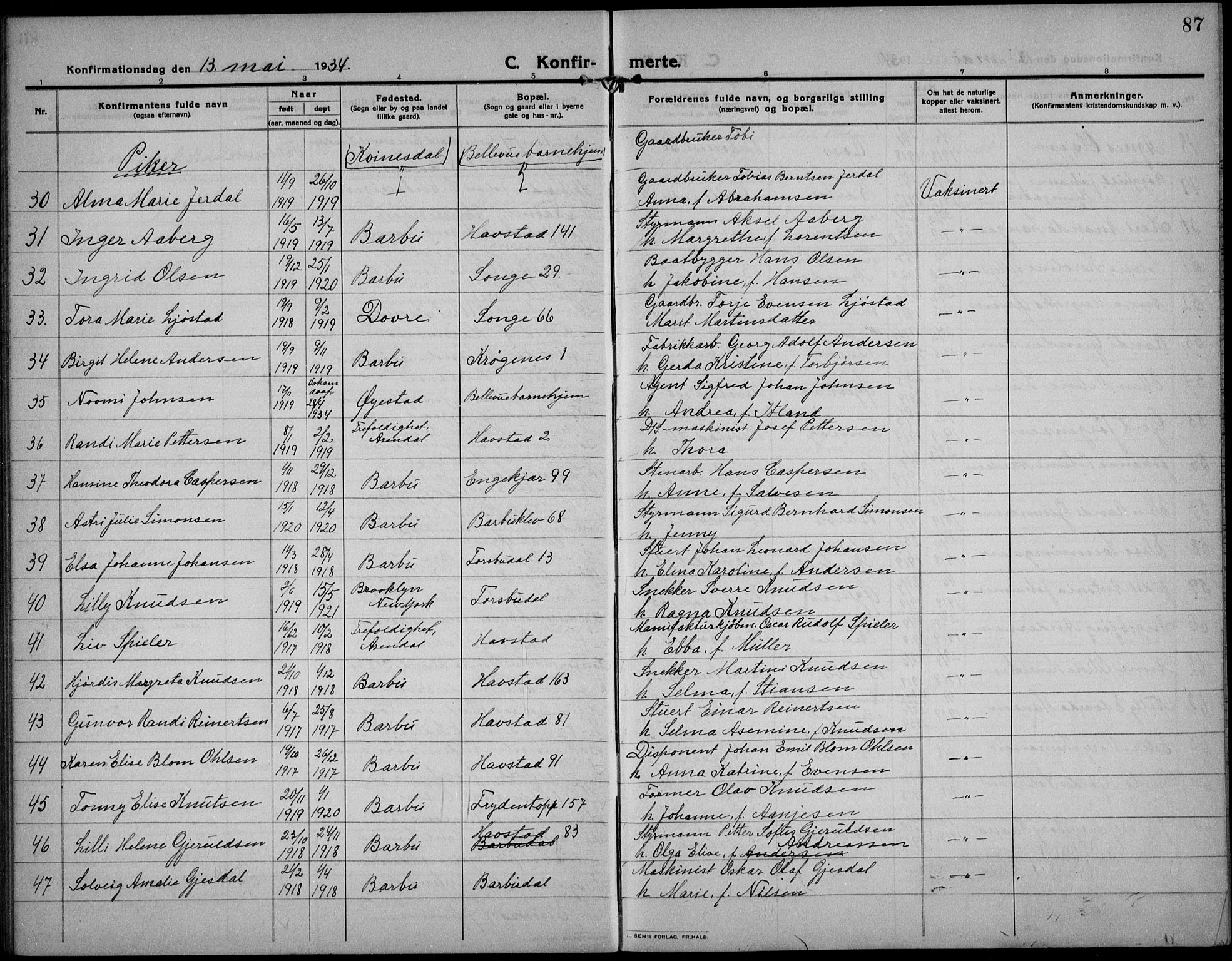 Barbu sokneprestkontor, AV/SAK-1111-0003/F/Fb/L0004: Parish register (copy) no. B 4, 1911-1936, p. 87