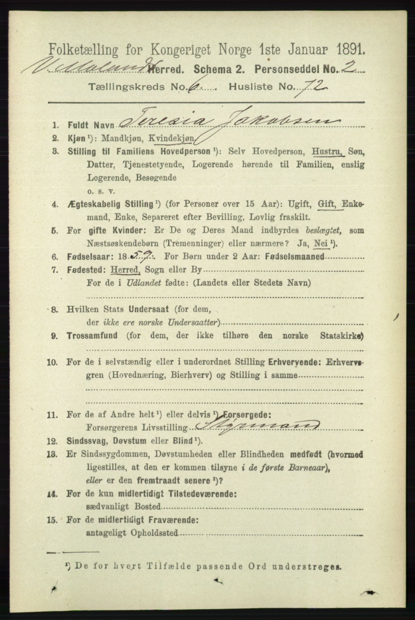 RA, 1891 census for 0926 Vestre Moland, 1891, p. 2752