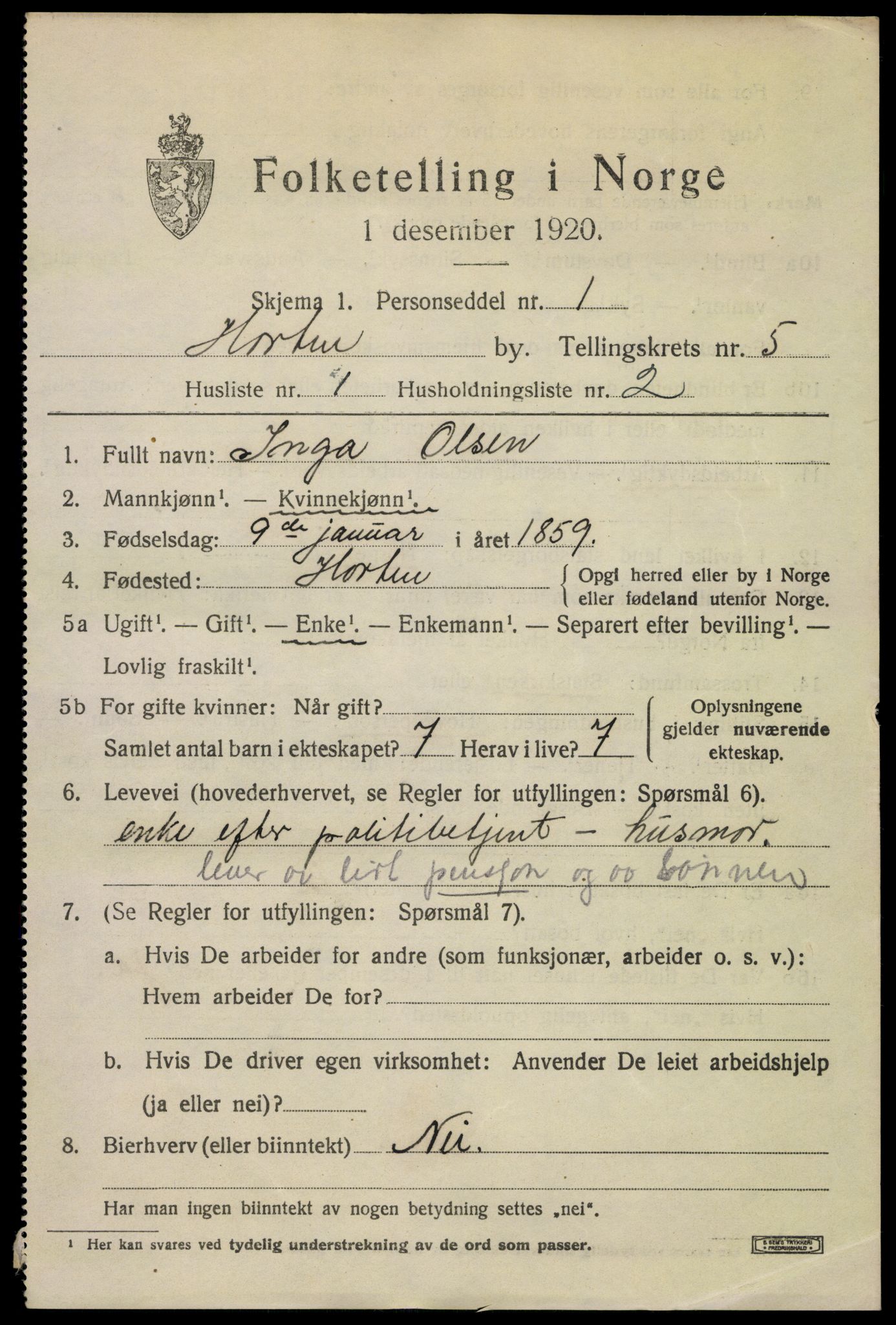 SAKO, 1920 census for Horten, 1920, p. 19321