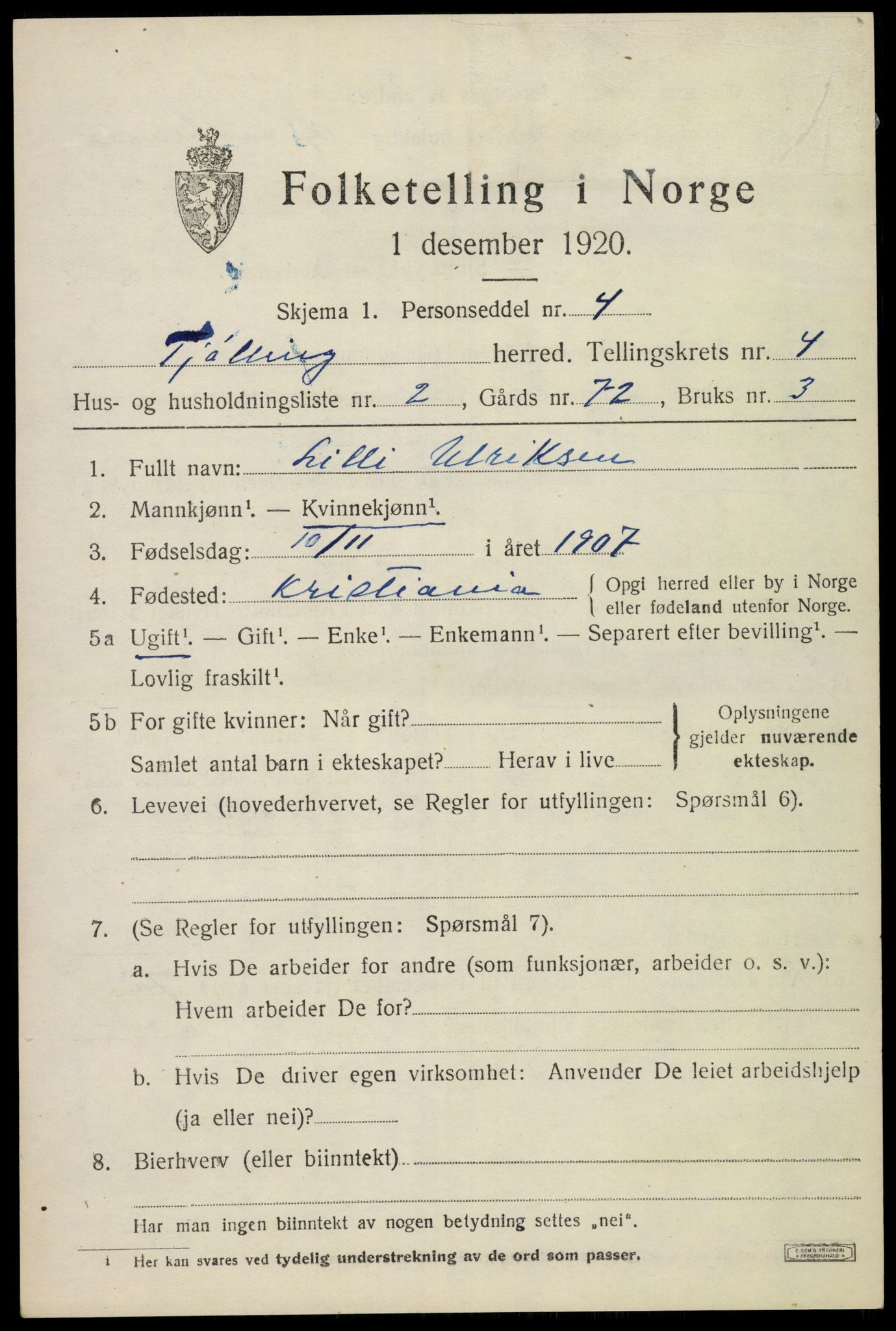 SAKO, 1920 census for Tjølling, 1920, p. 7517