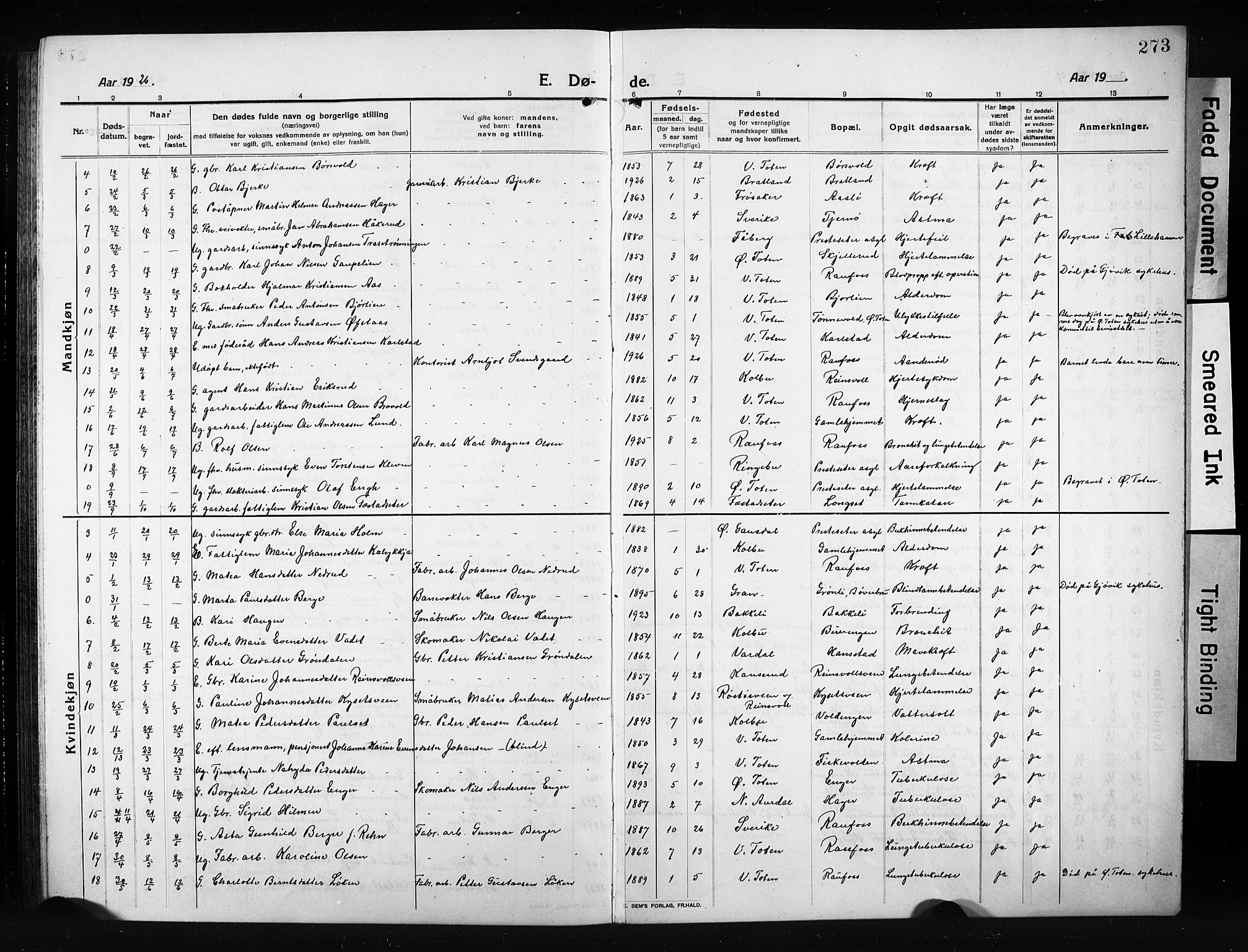 Vestre Toten prestekontor, SAH/PREST-108/H/Ha/Hab/L0012: Parish register (copy) no. 12, 1909-1928, p. 273