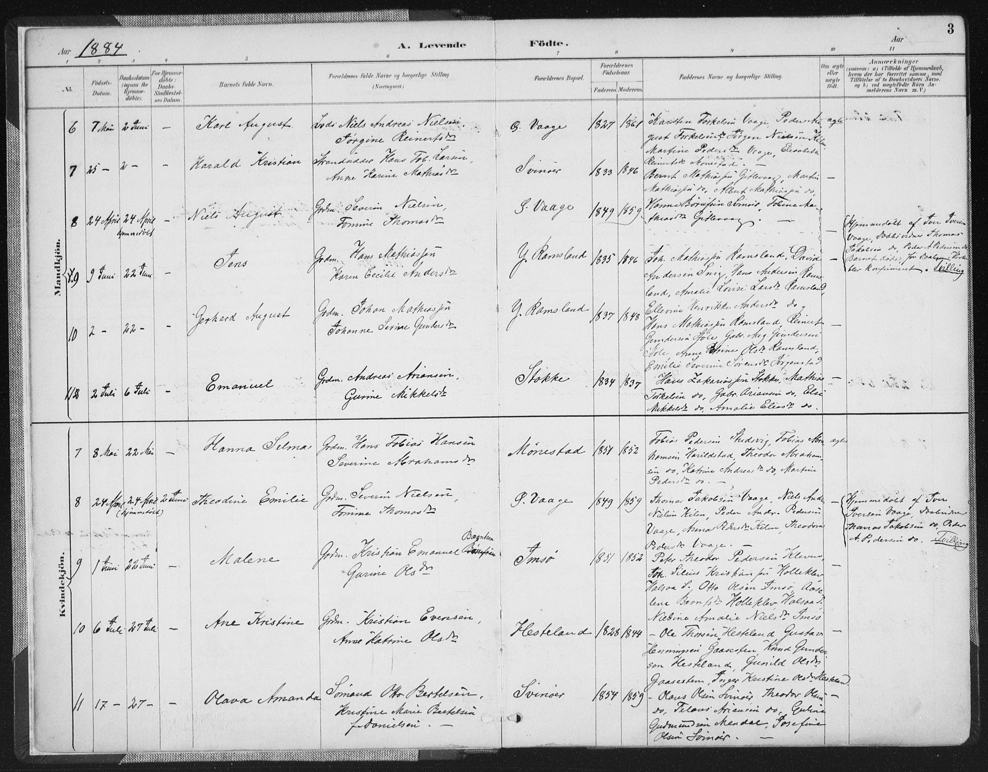 Sør-Audnedal sokneprestkontor, SAK/1111-0039/F/Fa/Faa/L0004: Parish register (official) no. A 4, 1884-1909, p. 3