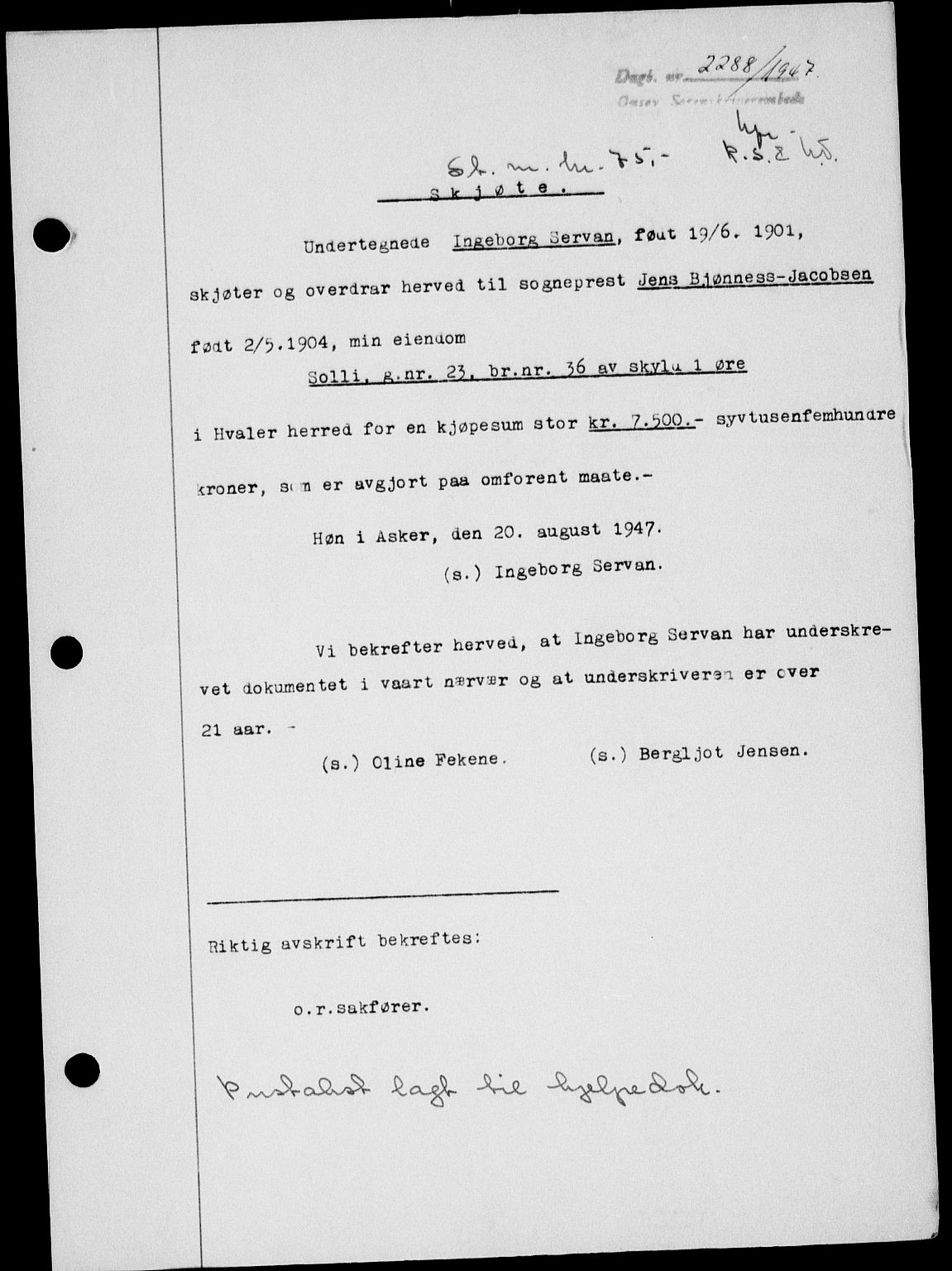 Onsøy sorenskriveri, SAO/A-10474/G/Ga/Gab/L0021: Mortgage book no. II A-21, 1947-1947, Diary no: : 2288/1947