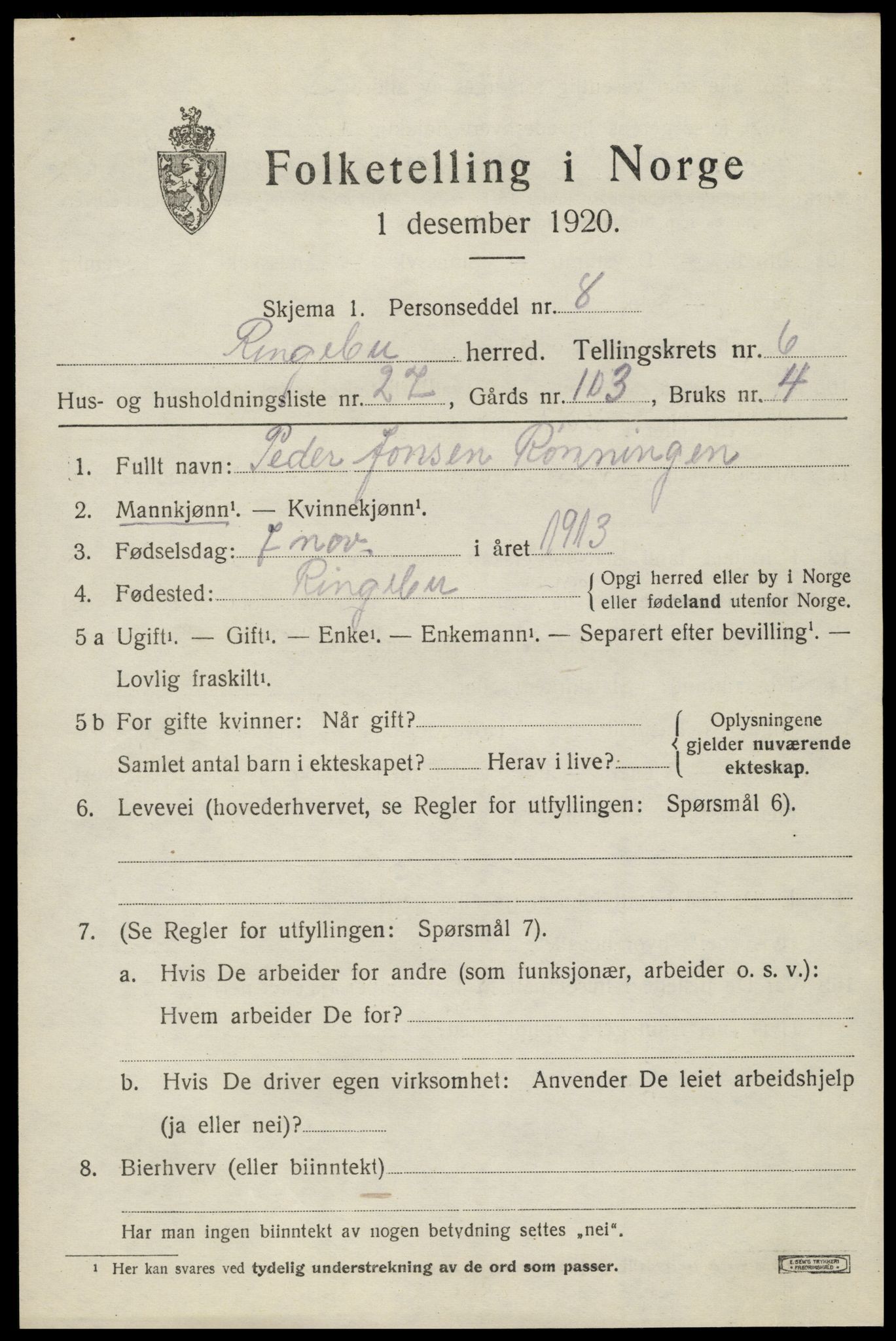 SAH, 1920 census for Ringebu, 1920, p. 7369