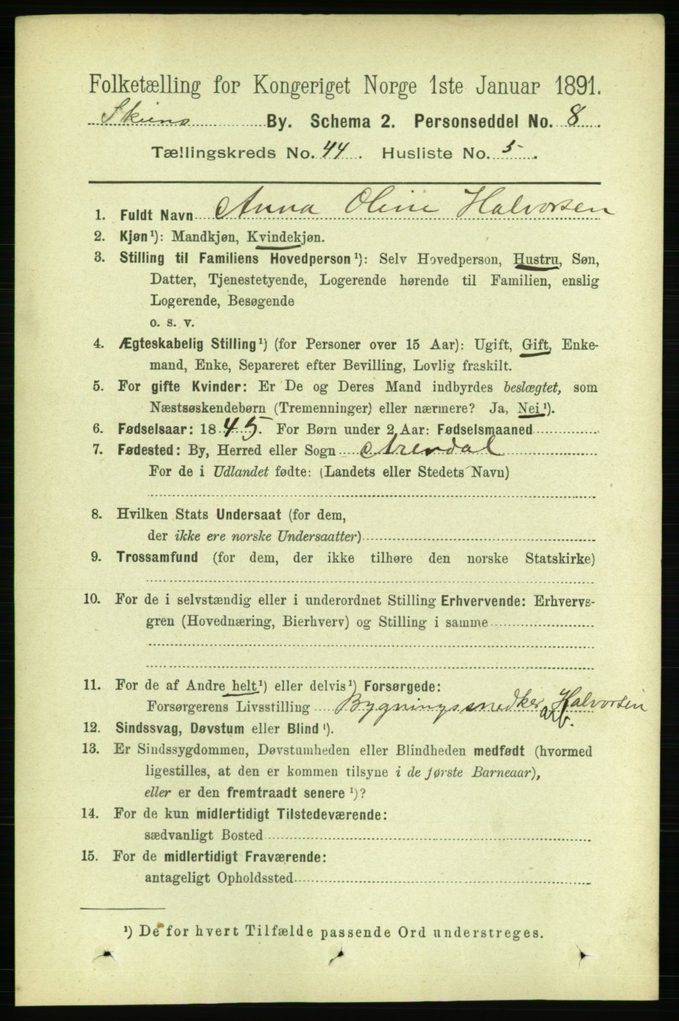 RA, 1891 census for 0806 Skien, 1891, p. 8812