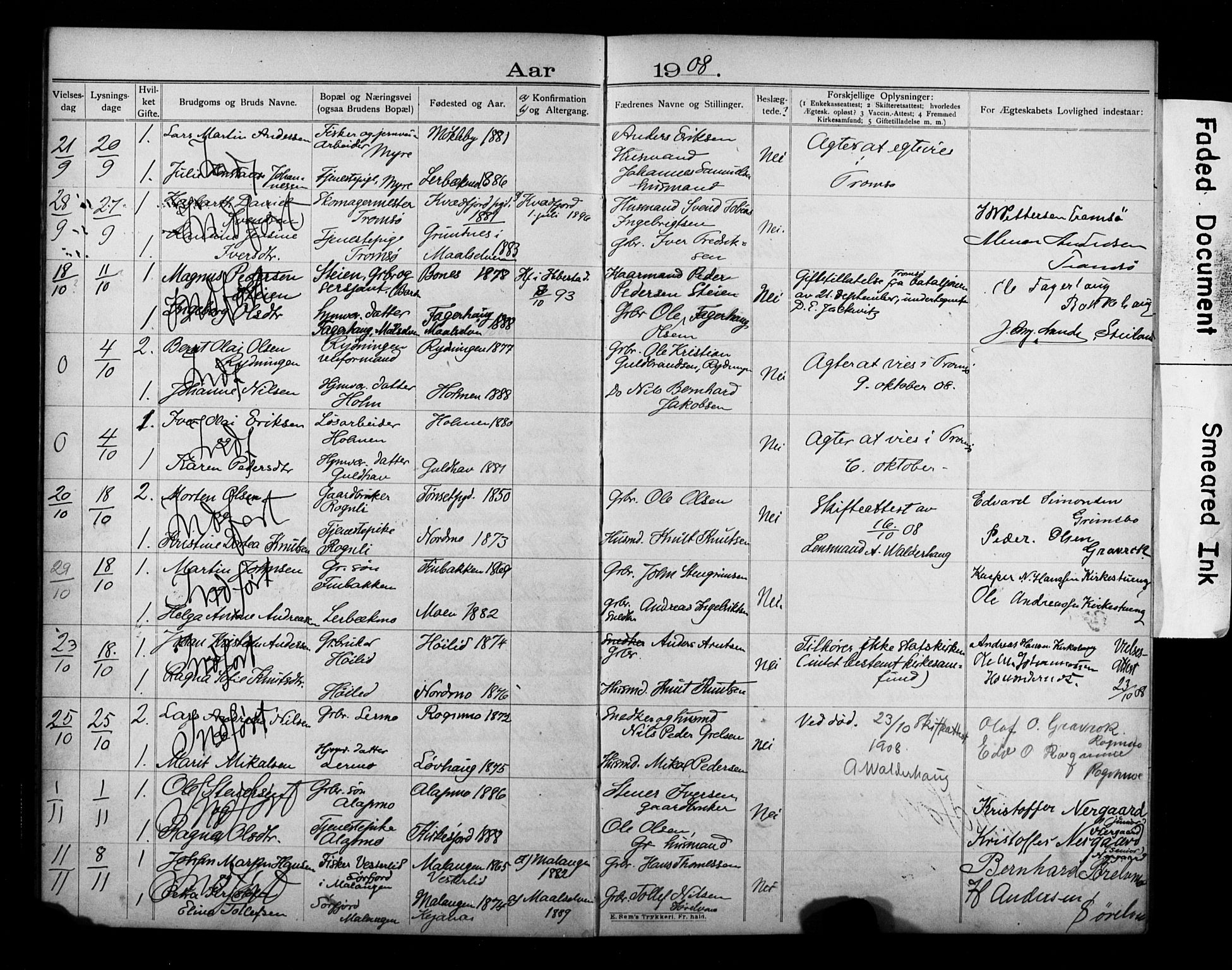 Målselv sokneprestembete, AV/SATØ-S-1311/I/Id/L0040: Banns register no. 40, 1906-1918