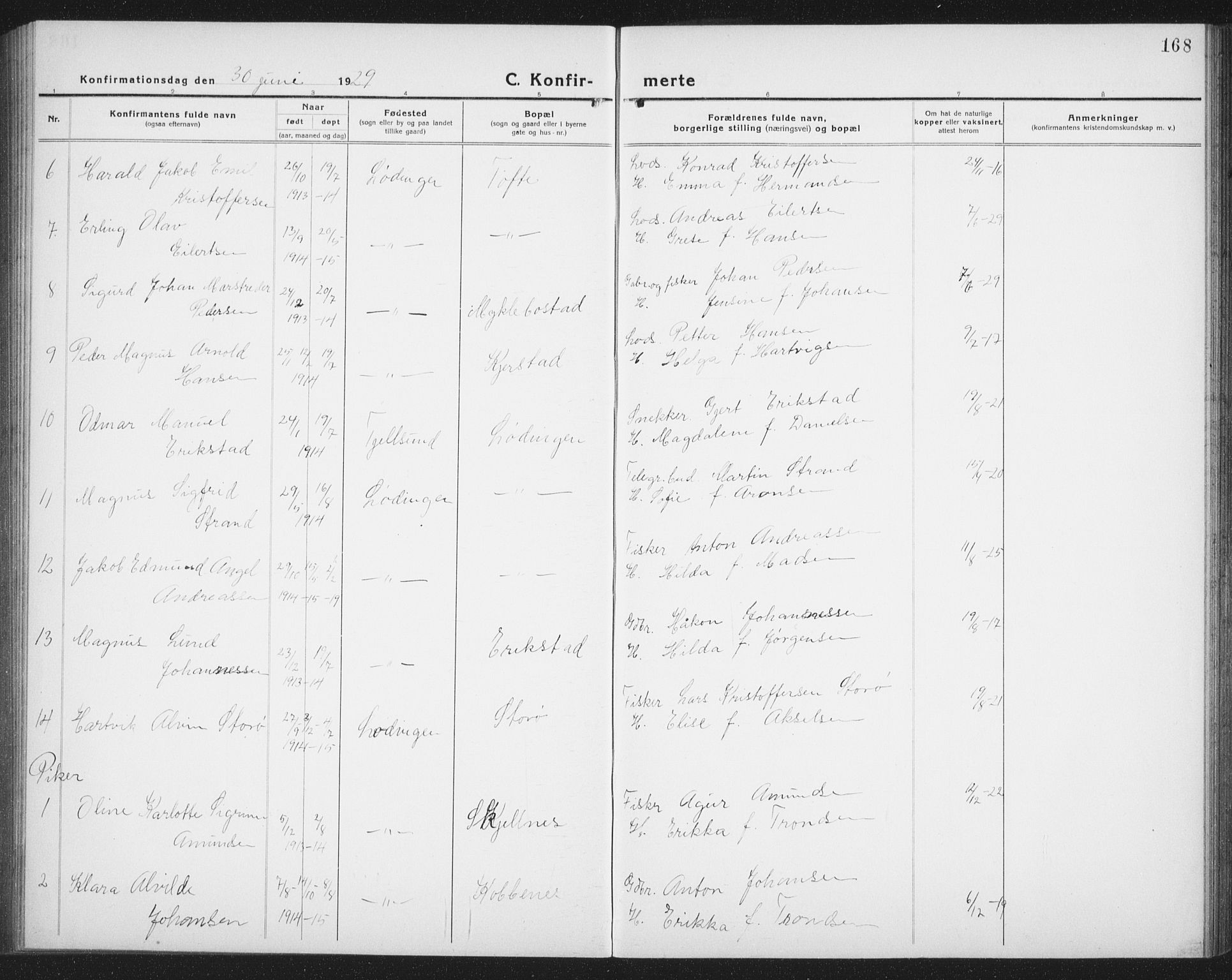 Ministerialprotokoller, klokkerbøker og fødselsregistre - Nordland, AV/SAT-A-1459/872/L1049: Parish register (copy) no. 872C05, 1920-1938, p. 168