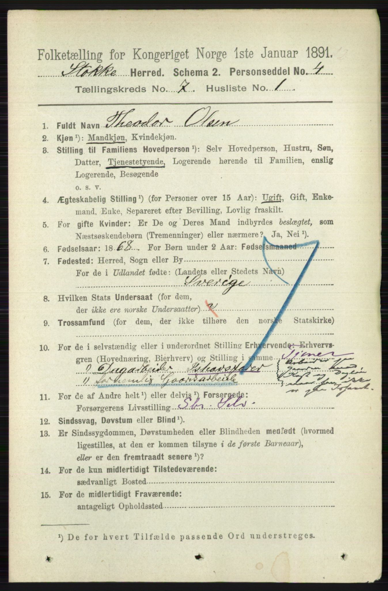 RA, 1891 census for 0720 Stokke, 1891, p. 4575