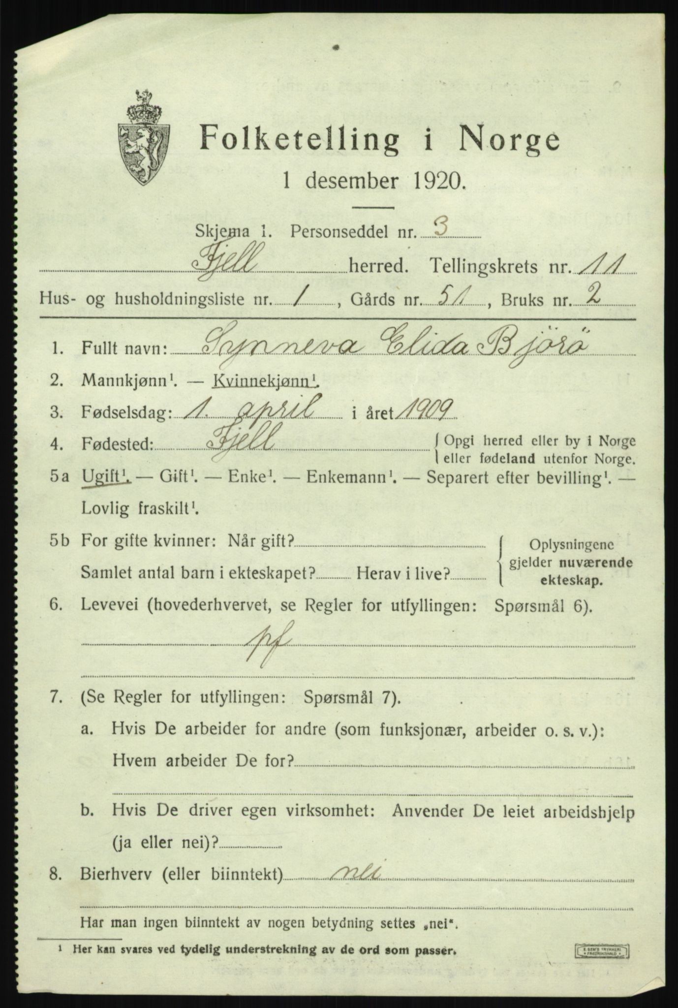 SAB, 1920 census for Fjell, 1920, p. 9840