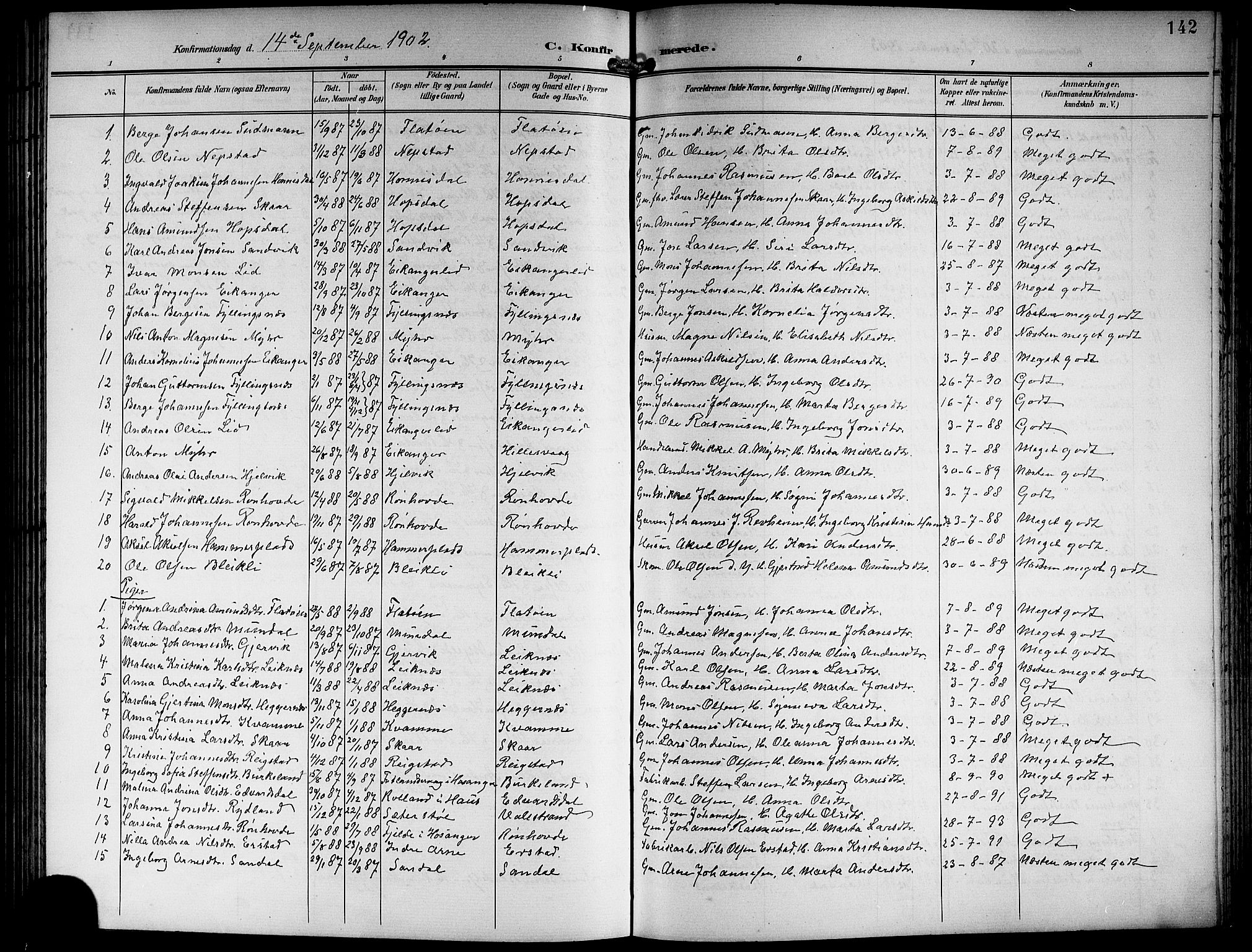Hamre sokneprestembete, SAB/A-75501/H/Ha/Hab: Parish register (copy) no. B 4, 1898-1919, p. 142