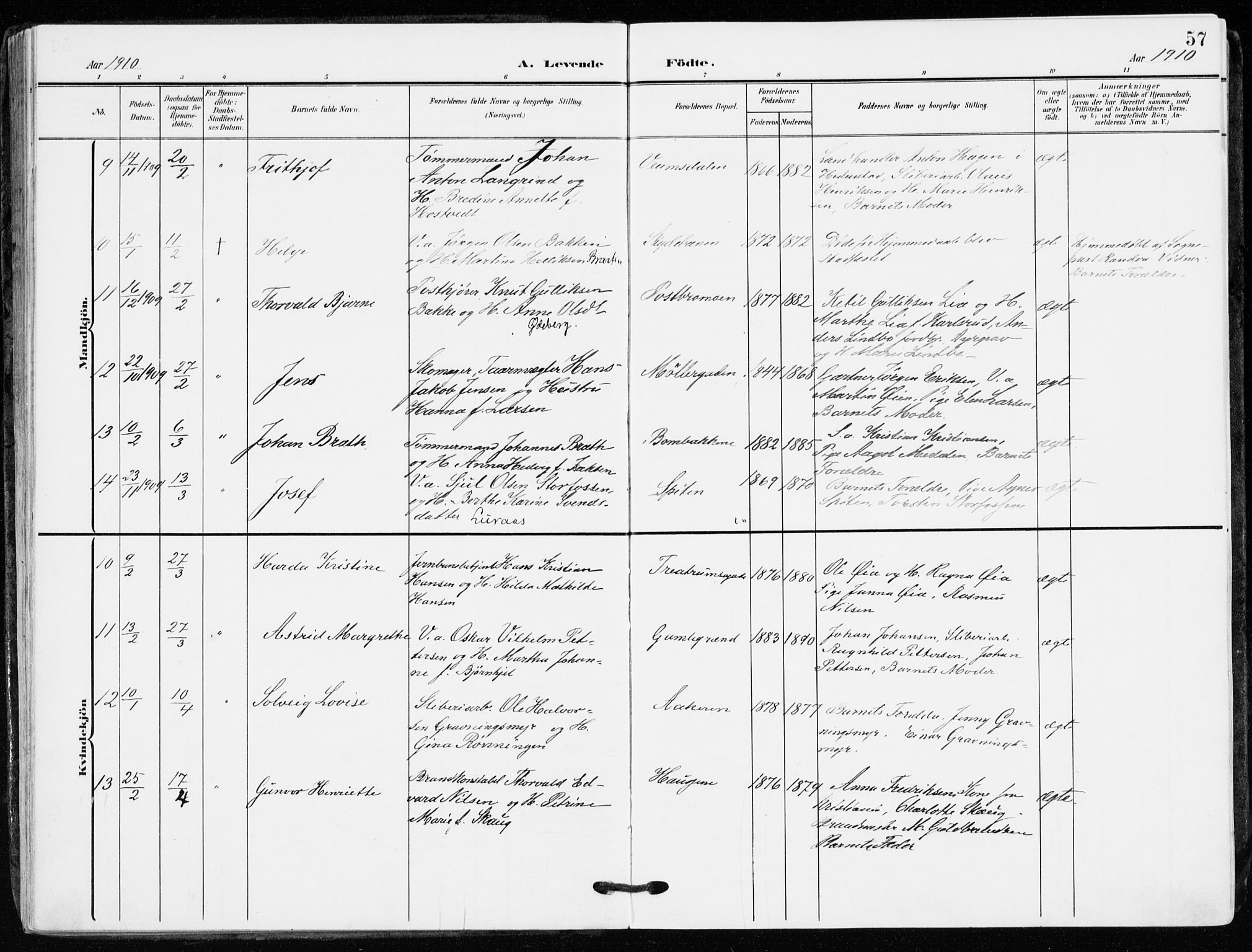 Kongsberg kirkebøker, AV/SAKO-A-22/F/Fb/L0004: Parish register (official) no. II 4, 1906-1918, p. 57