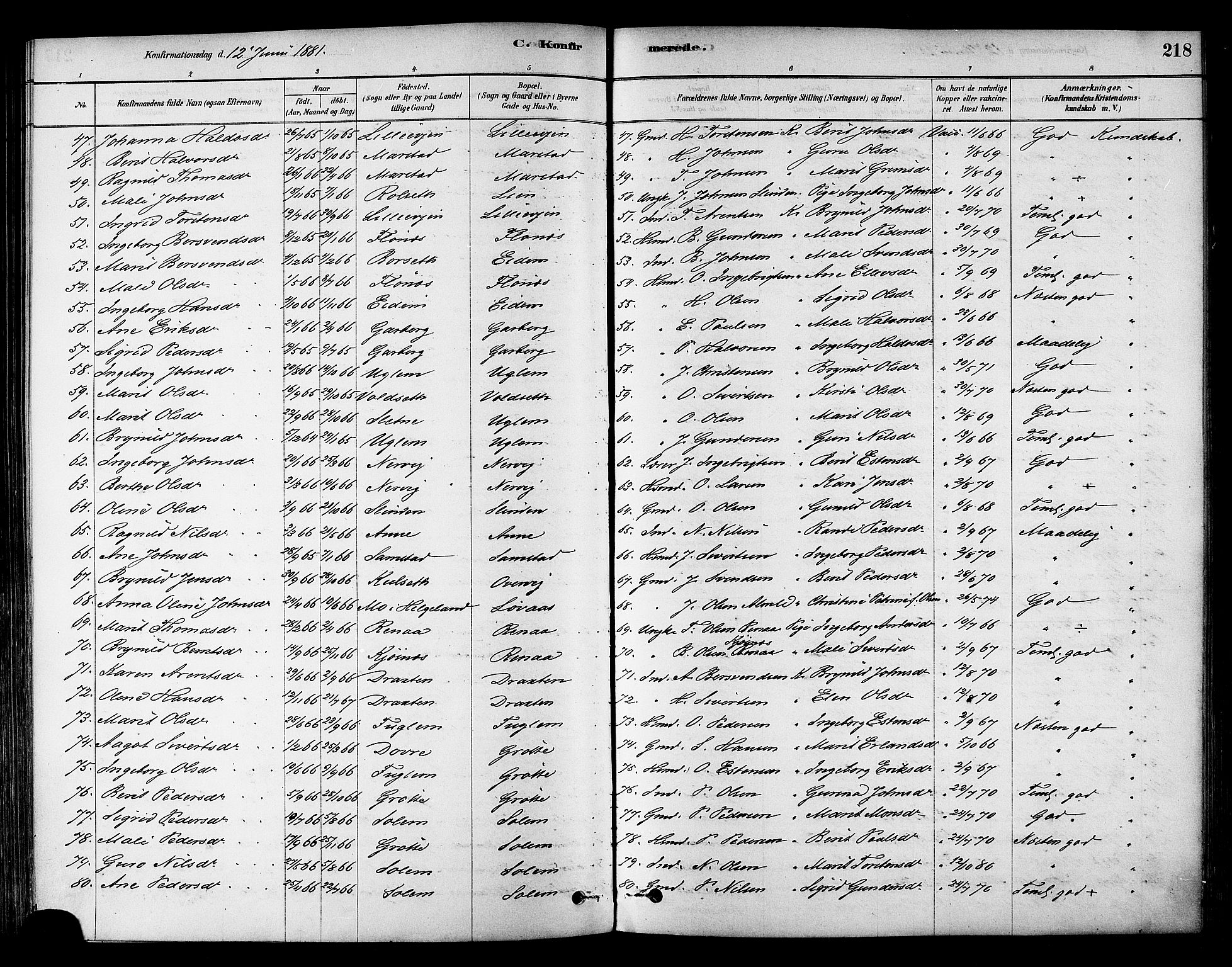 Ministerialprotokoller, klokkerbøker og fødselsregistre - Sør-Trøndelag, SAT/A-1456/695/L1148: Parish register (official) no. 695A08, 1878-1891, p. 218