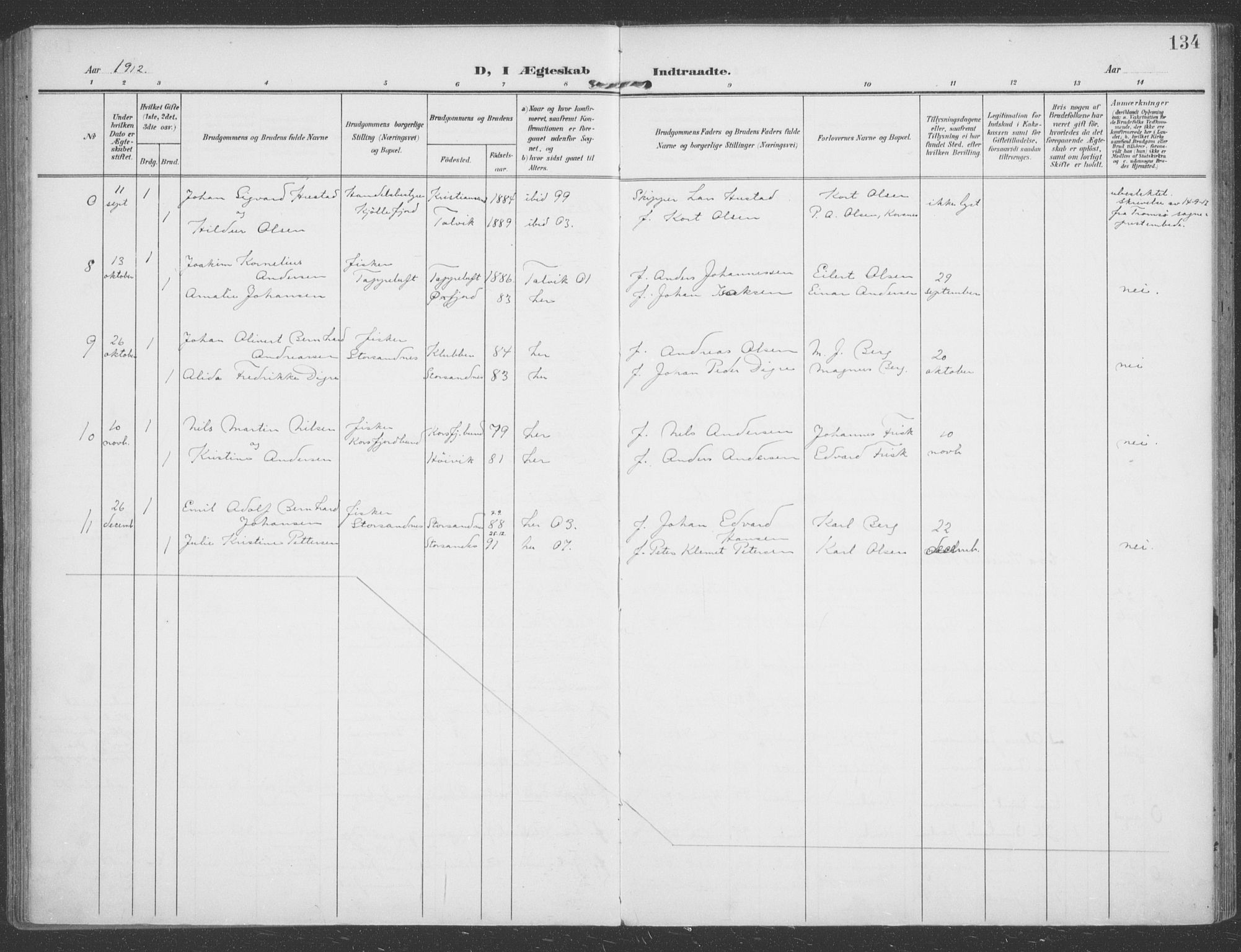 Talvik sokneprestkontor, SATØ/S-1337/H/Ha/L0017kirke: Parish register (official) no. 17, 1906-1915, p. 134