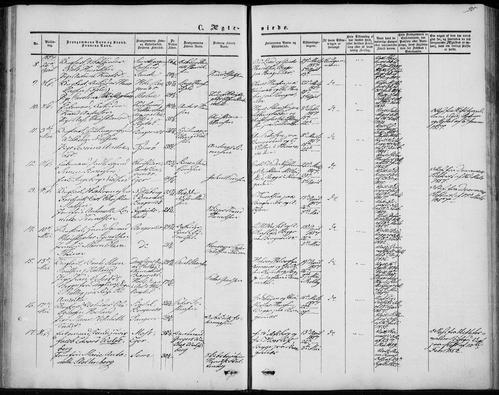 Bragernes kirkebøker, SAKO/A-6/F/Fc/L0002: Parish register (official) no. III 2, 1854-1865, p. 95