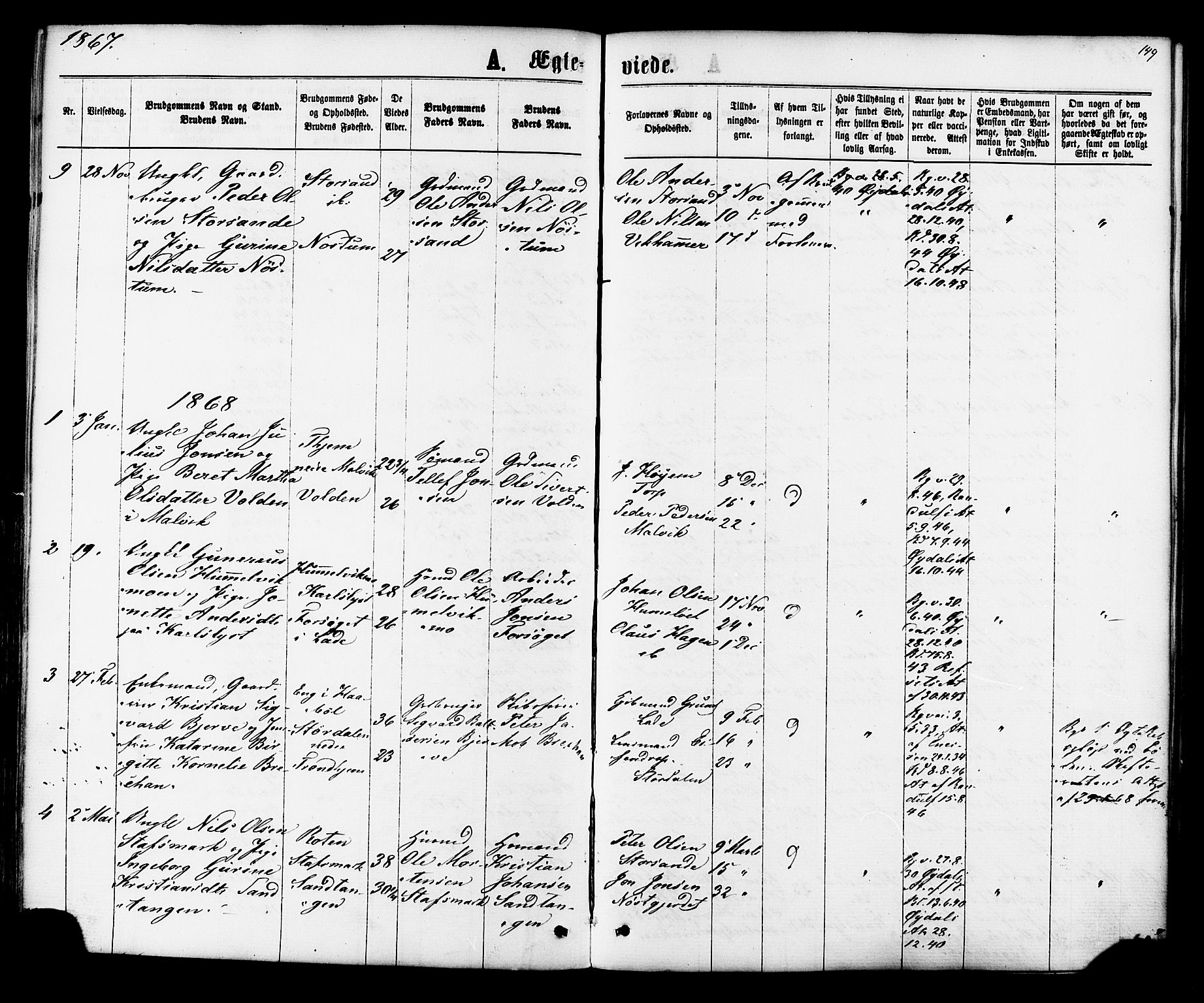 Ministerialprotokoller, klokkerbøker og fødselsregistre - Sør-Trøndelag, SAT/A-1456/616/L0409: Parish register (official) no. 616A06, 1865-1877, p. 149