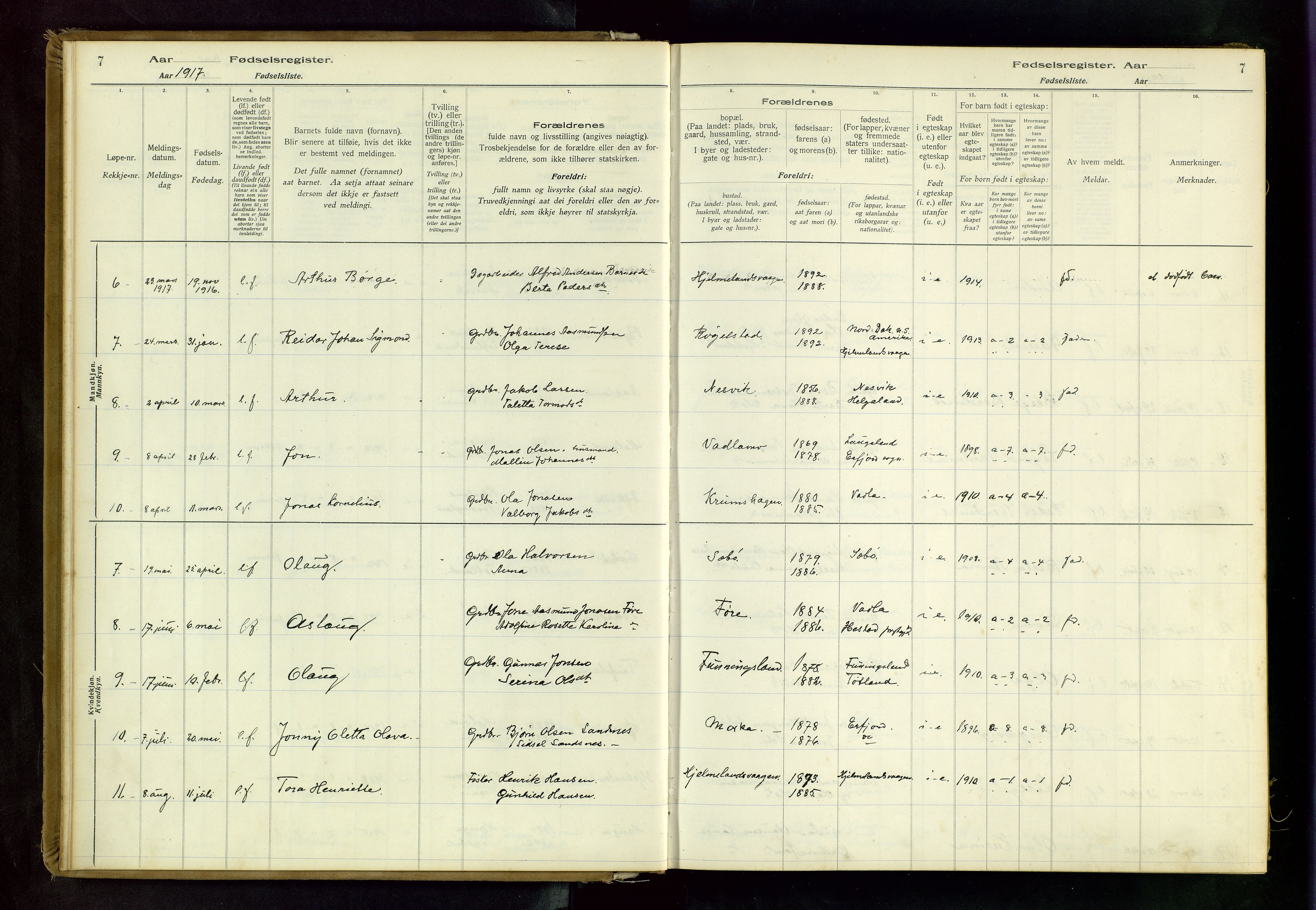 Hjelmeland sokneprestkontor, AV/SAST-A-101843/02/B/L0001: Birth register no. 1, 1916-1963, p. 7