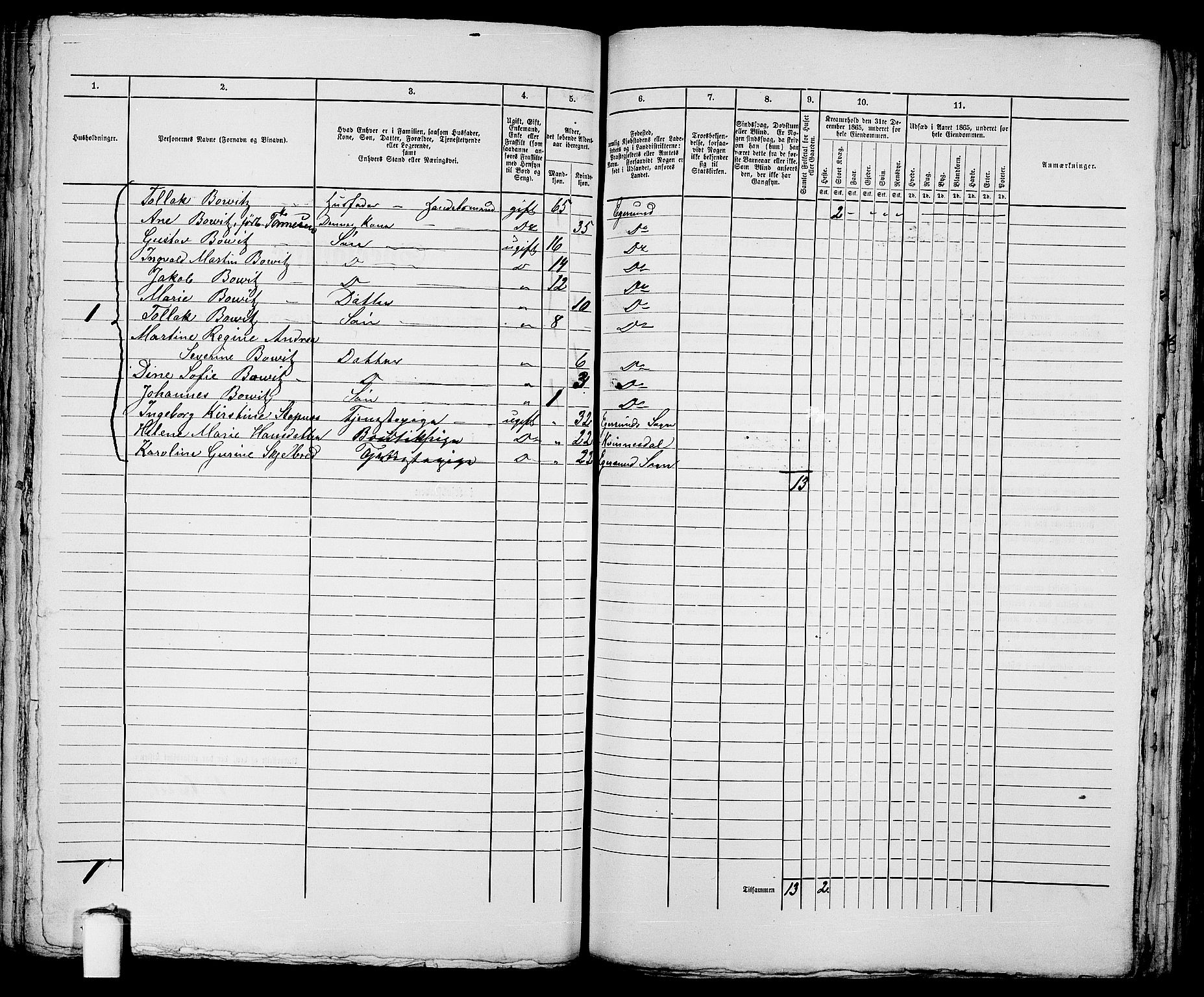 RA, 1865 census for Eigersund parish, Egersund town, 1865, p. 216