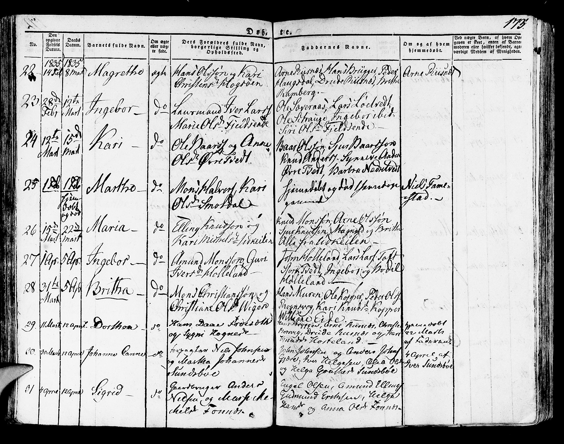 Lindås Sokneprestembete, SAB/A-76701/H/Haa: Parish register (official) no. A 8, 1823-1836, p. 173