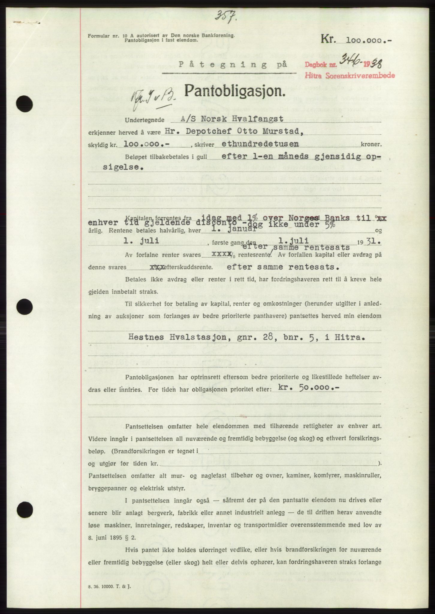 Hitra sorenskriveri, AV/SAT-A-0018/2/2C/2Ca: Mortgage book no. C1, 1936-1945, Diary no: : 346/1938