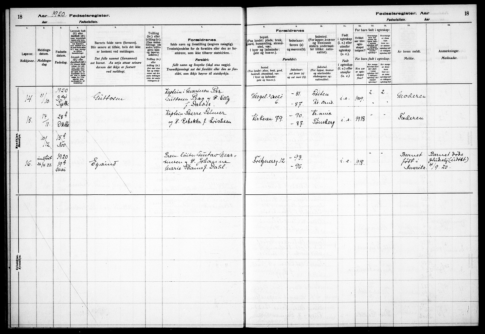 Garnisonsmenigheten Kirkebøker, SAO/A-10846/J/Ja/L0001: Birth register no. 1, 1916-1938, p. 18