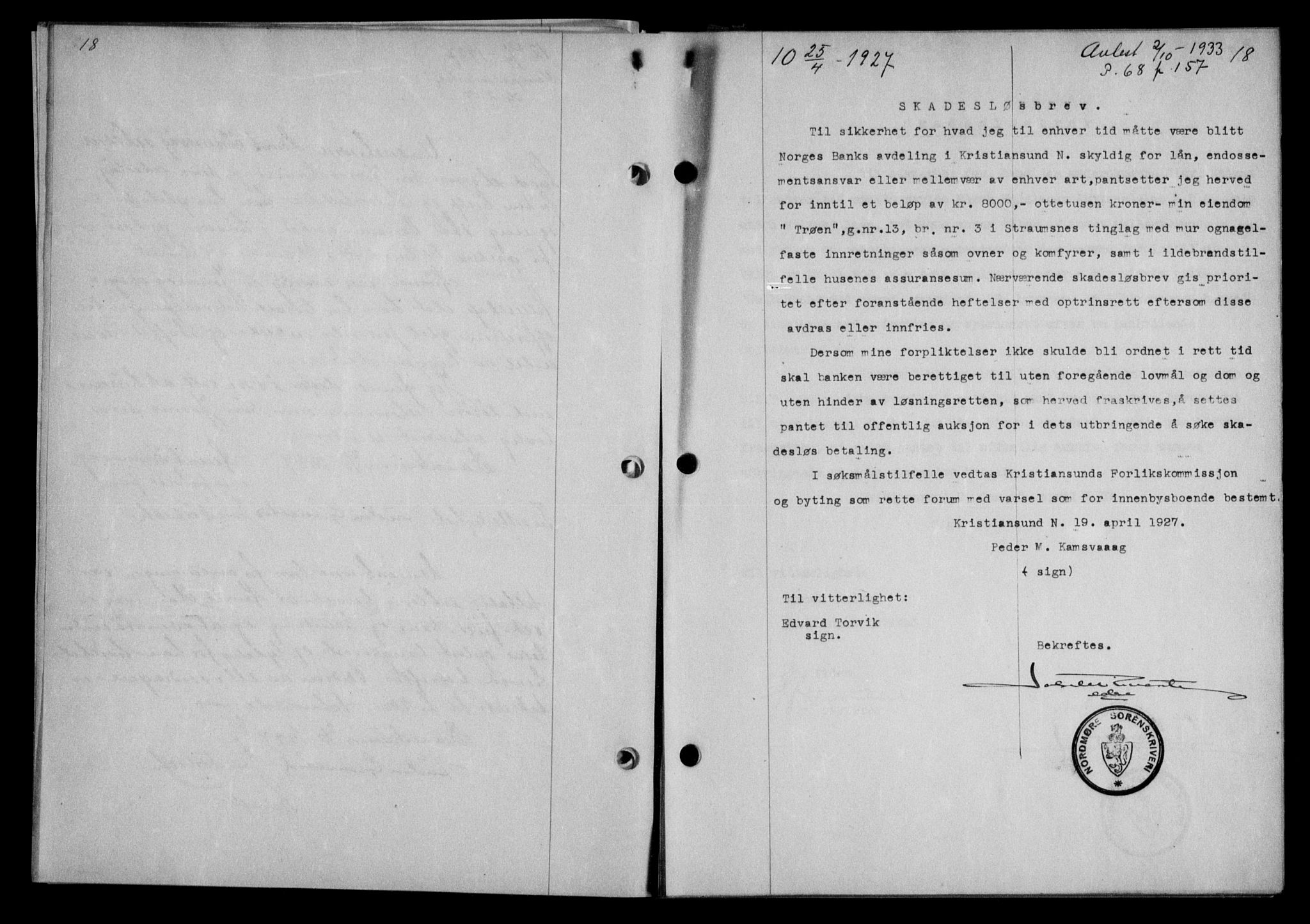 Nordmøre sorenskriveri, AV/SAT-A-4132/1/2/2Ca/L0062: Mortgage book no. 52, 1927-1927, Deed date: 25.04.1927