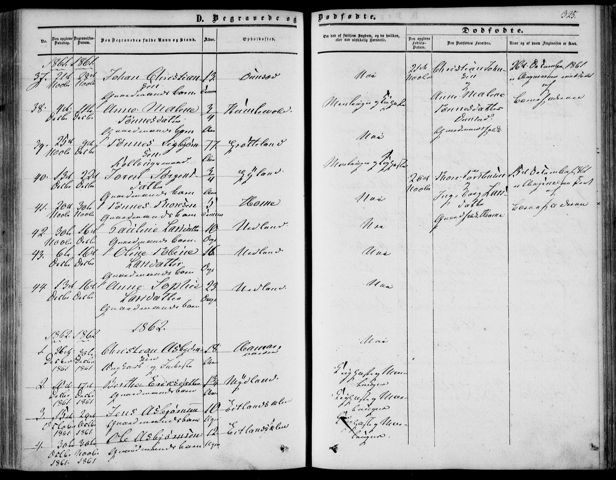 Bakke sokneprestkontor, SAK/1111-0002/F/Fa/Fab/L0002: Parish register (official) no. A 2, 1855-1884, p. 325