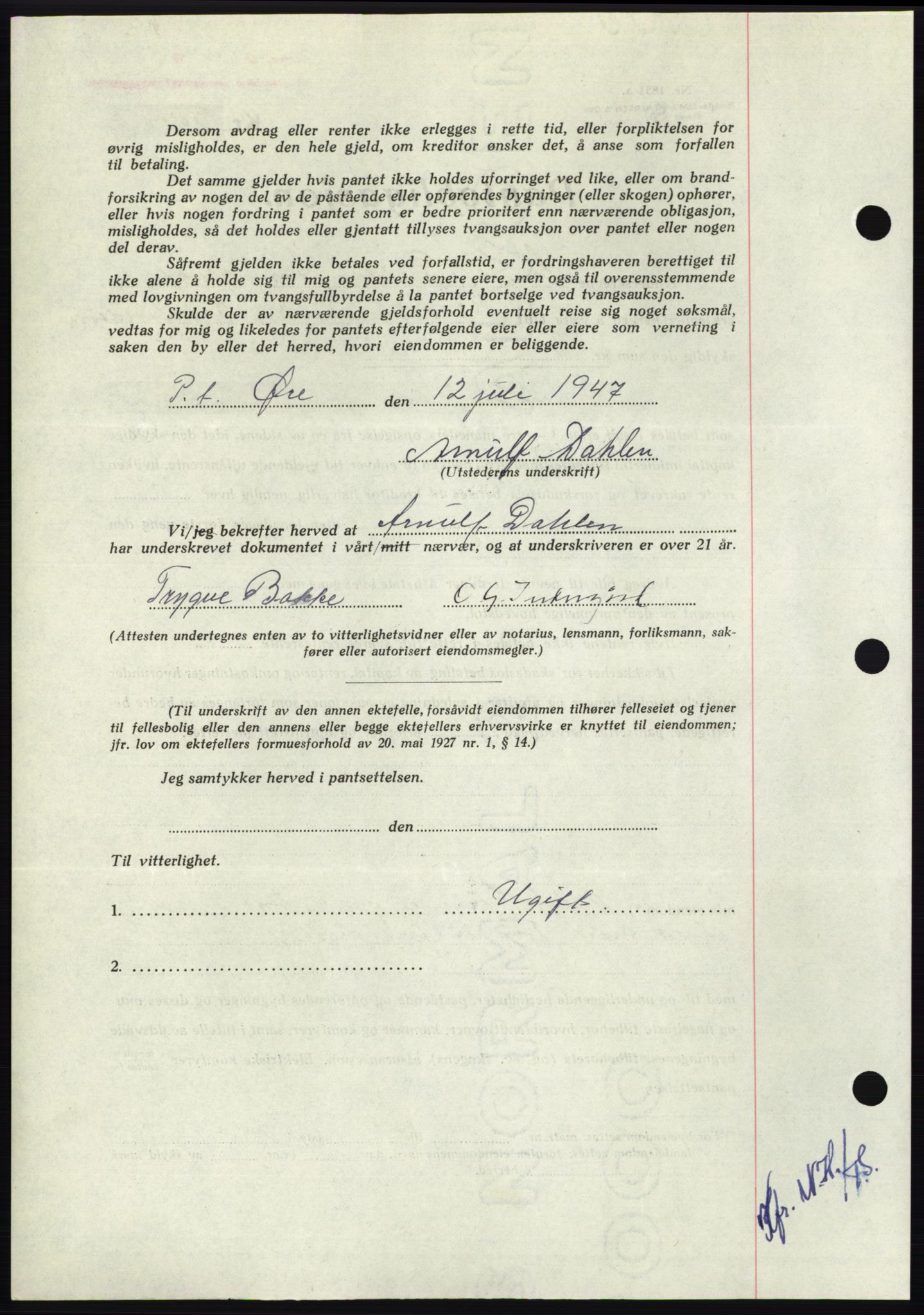 Nordmøre sorenskriveri, AV/SAT-A-4132/1/2/2Ca: Mortgage book no. B96, 1947-1947, Diary no: : 1703/1947