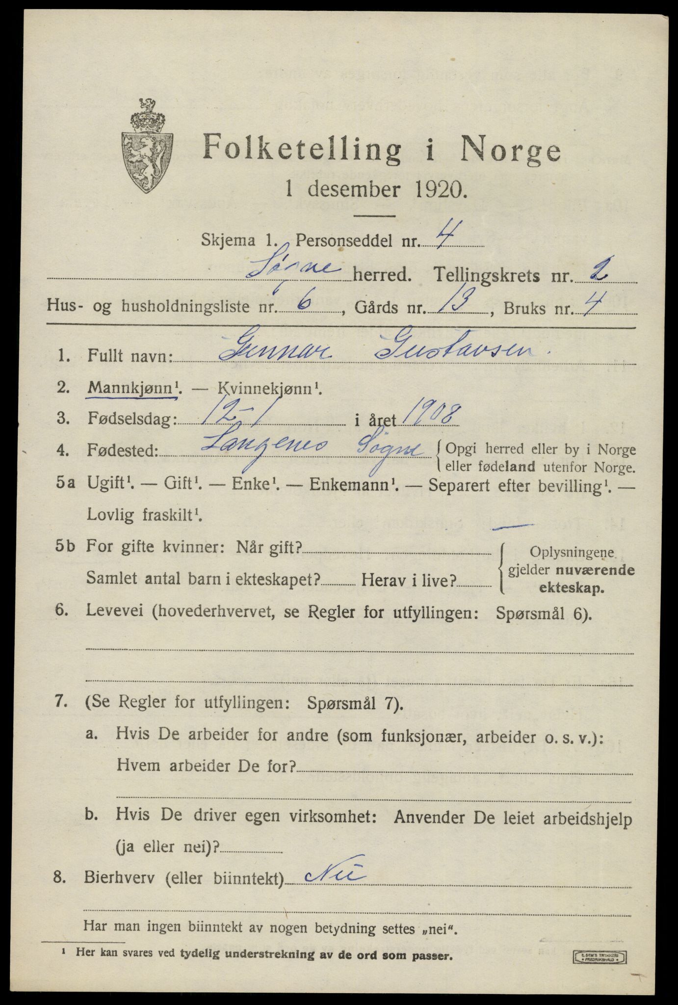 SAK, 1920 census for Søgne, 1920, p. 1499