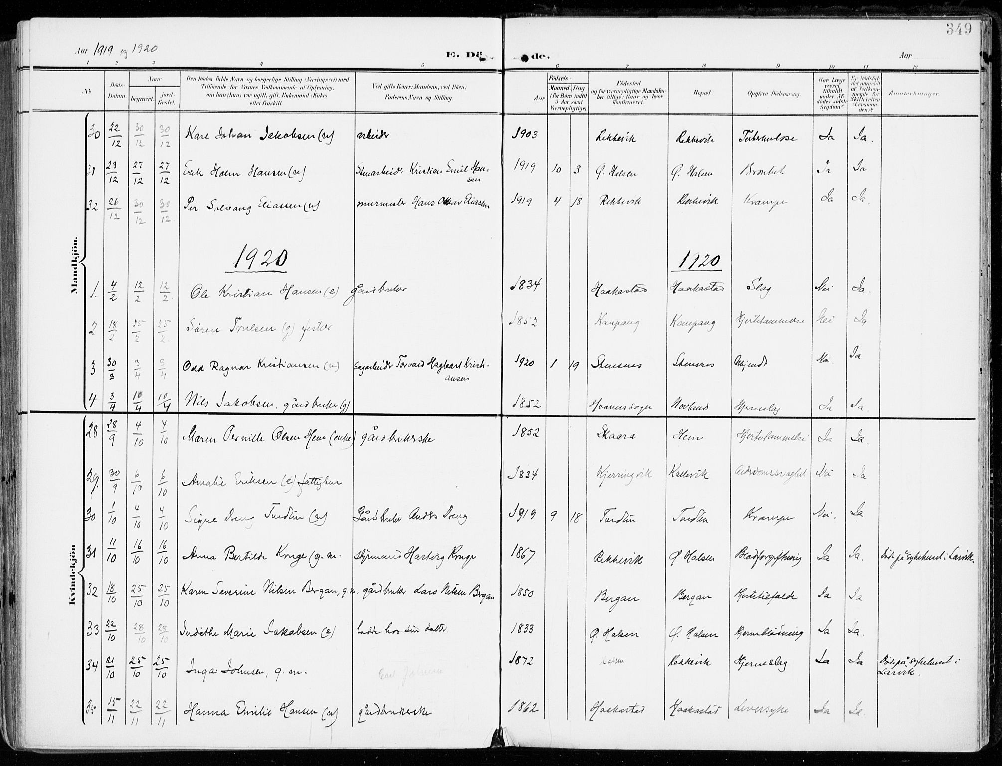 Tjølling kirkebøker, SAKO/A-60/F/Fa/L0010: Parish register (official) no. 10, 1906-1923, p. 349