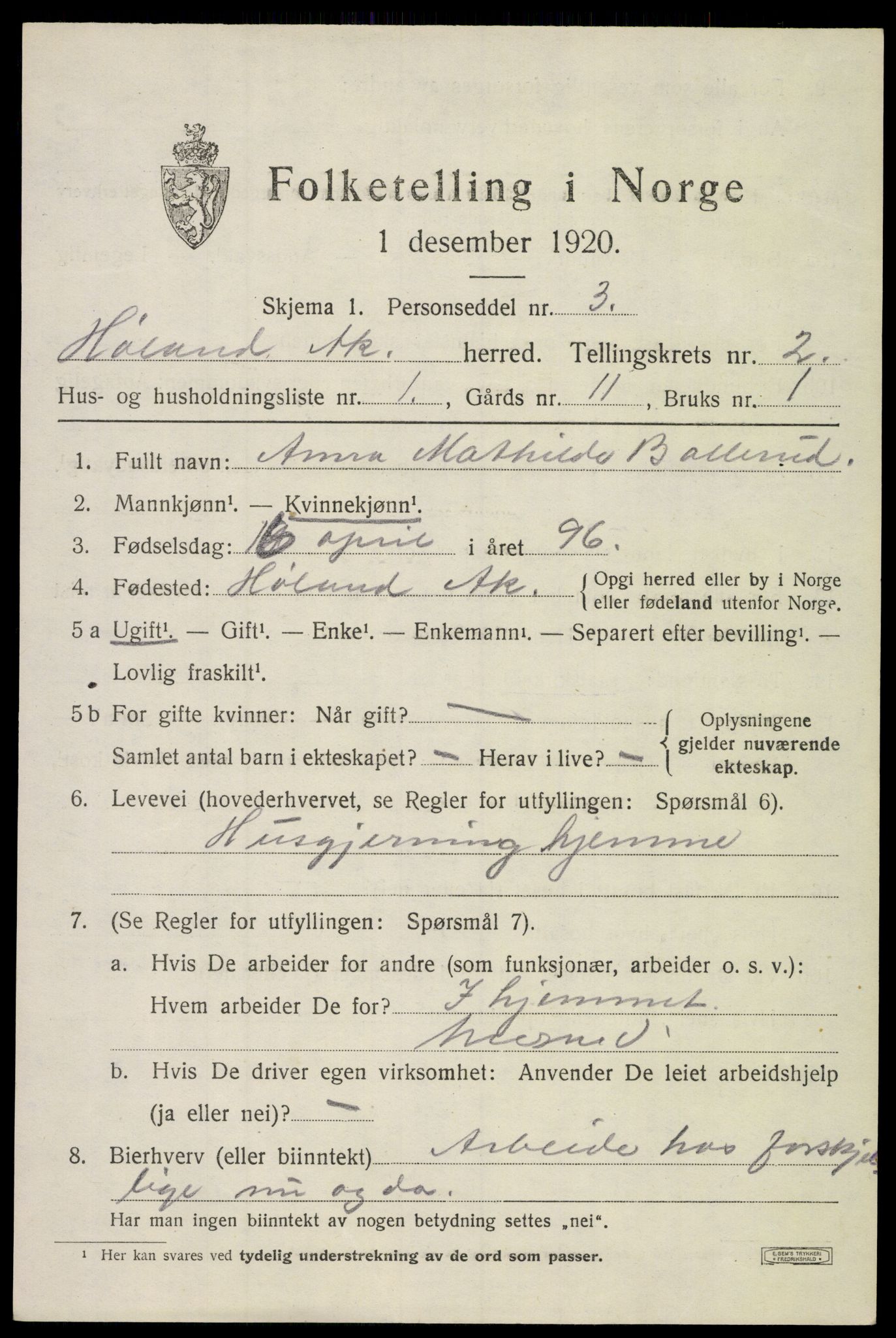 SAO, 1920 census for Høland, 1920, p. 3995