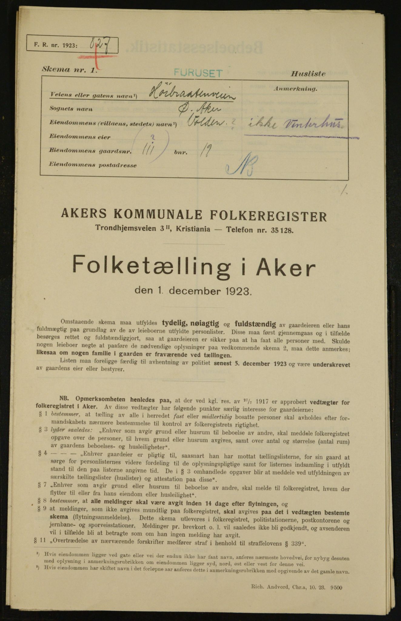 , Municipal Census 1923 for Aker, 1923, p. 27951