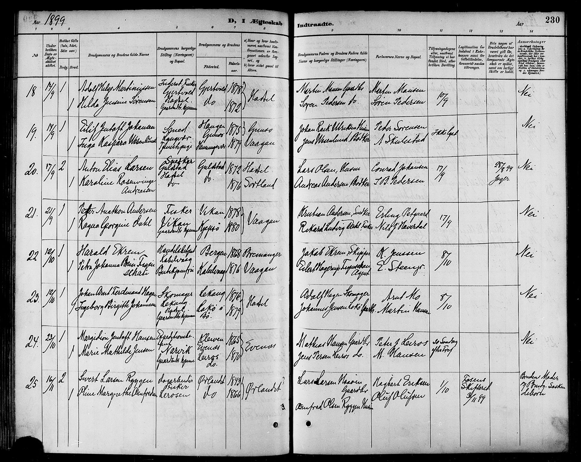 Ministerialprotokoller, klokkerbøker og fødselsregistre - Nordland, AV/SAT-A-1459/874/L1060: Parish register (official) no. 874A04, 1890-1899, p. 230