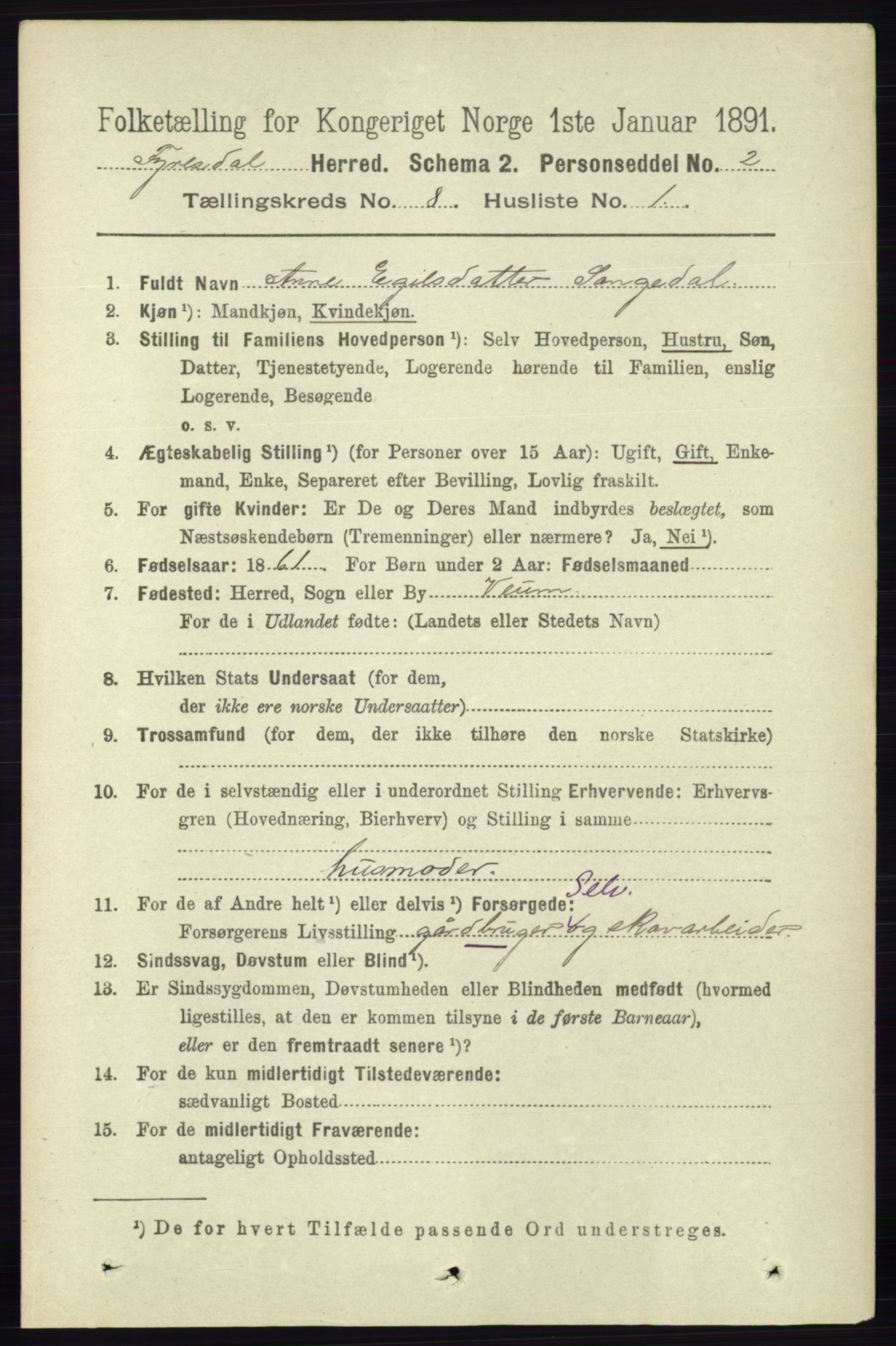 RA, 1891 census for 0831 Fyresdal, 1891, p. 2175