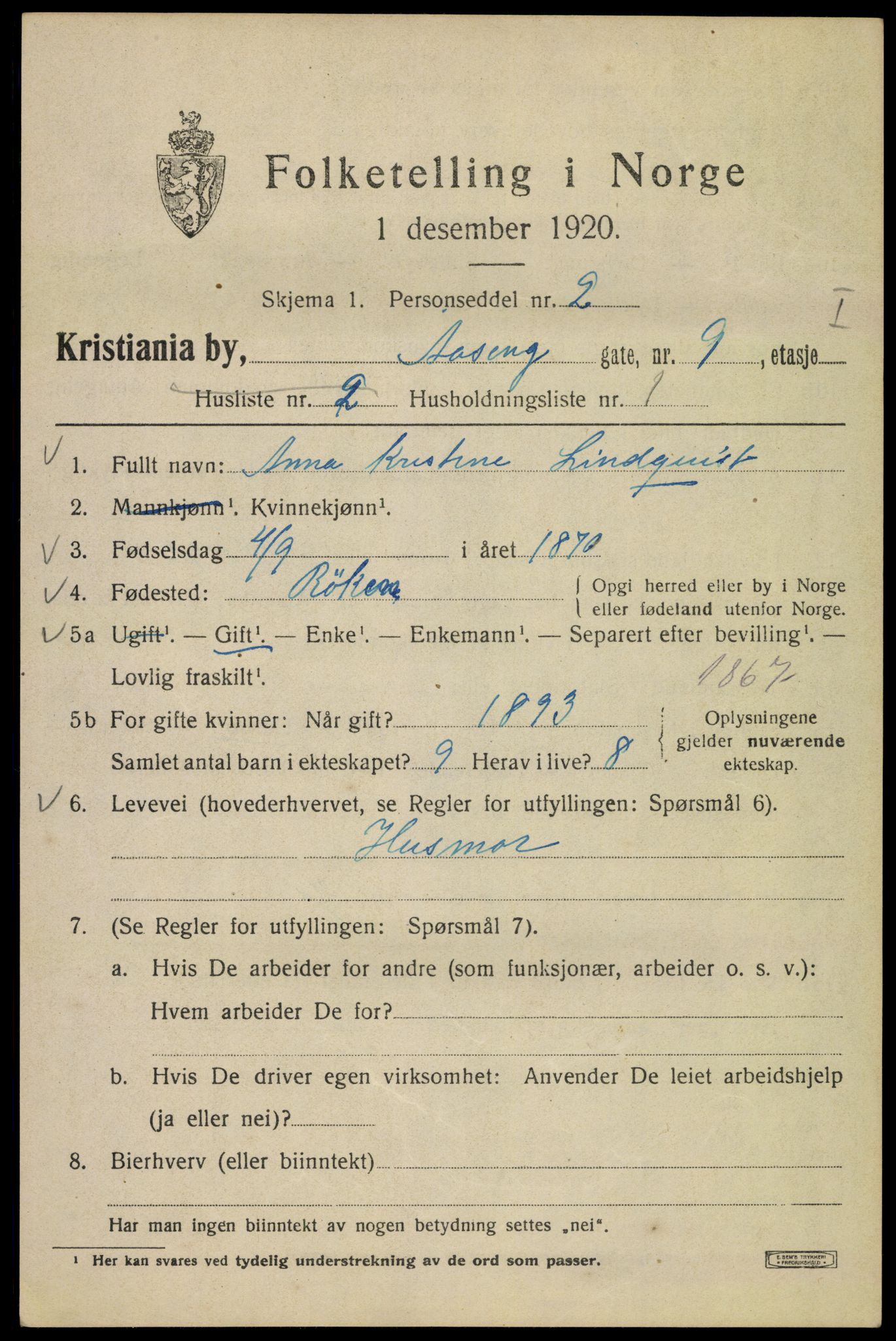 SAO, 1920 census for Kristiania, 1920, p. 136715