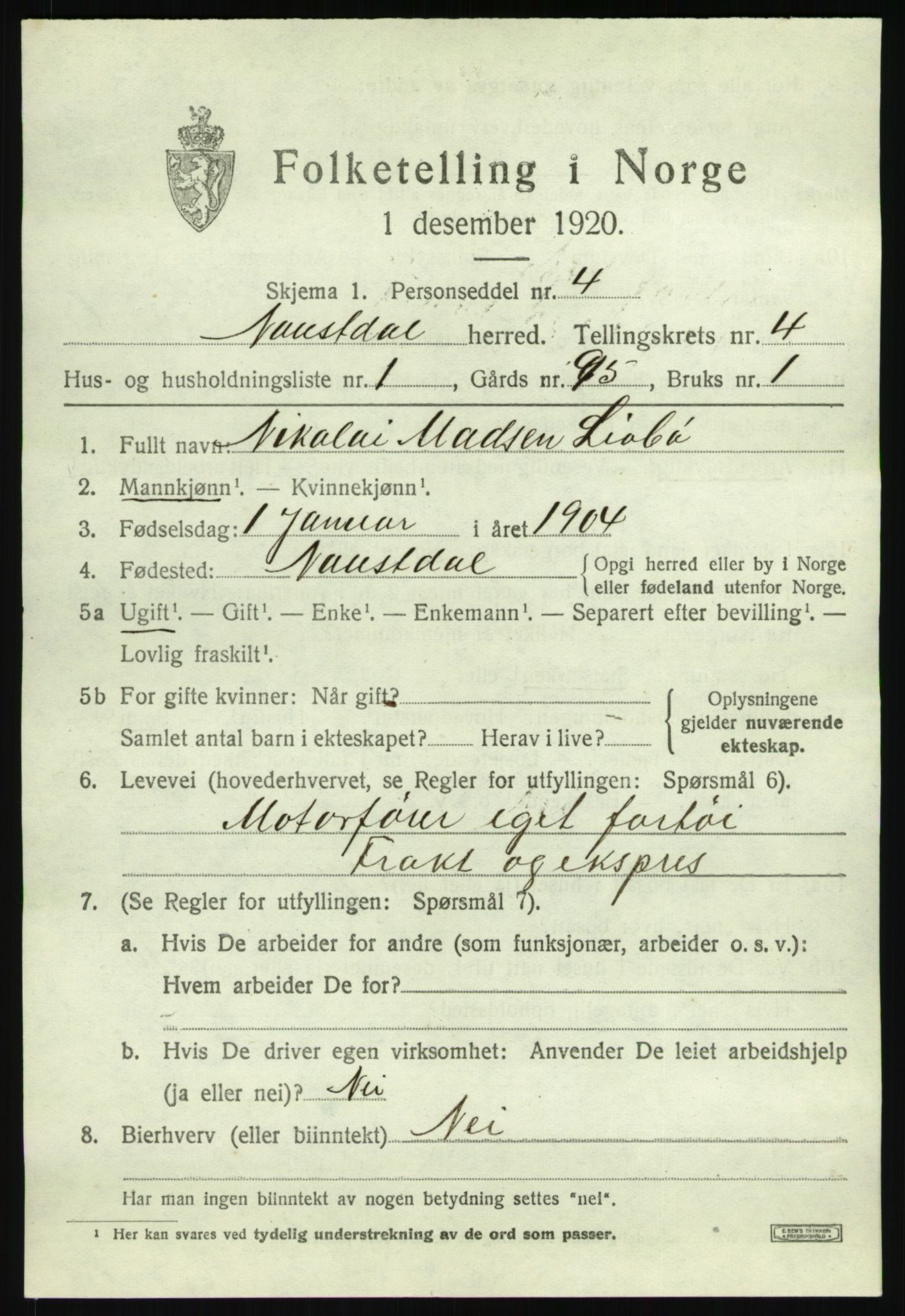 SAB, 1920 census for Naustdal, 1920, p. 2357